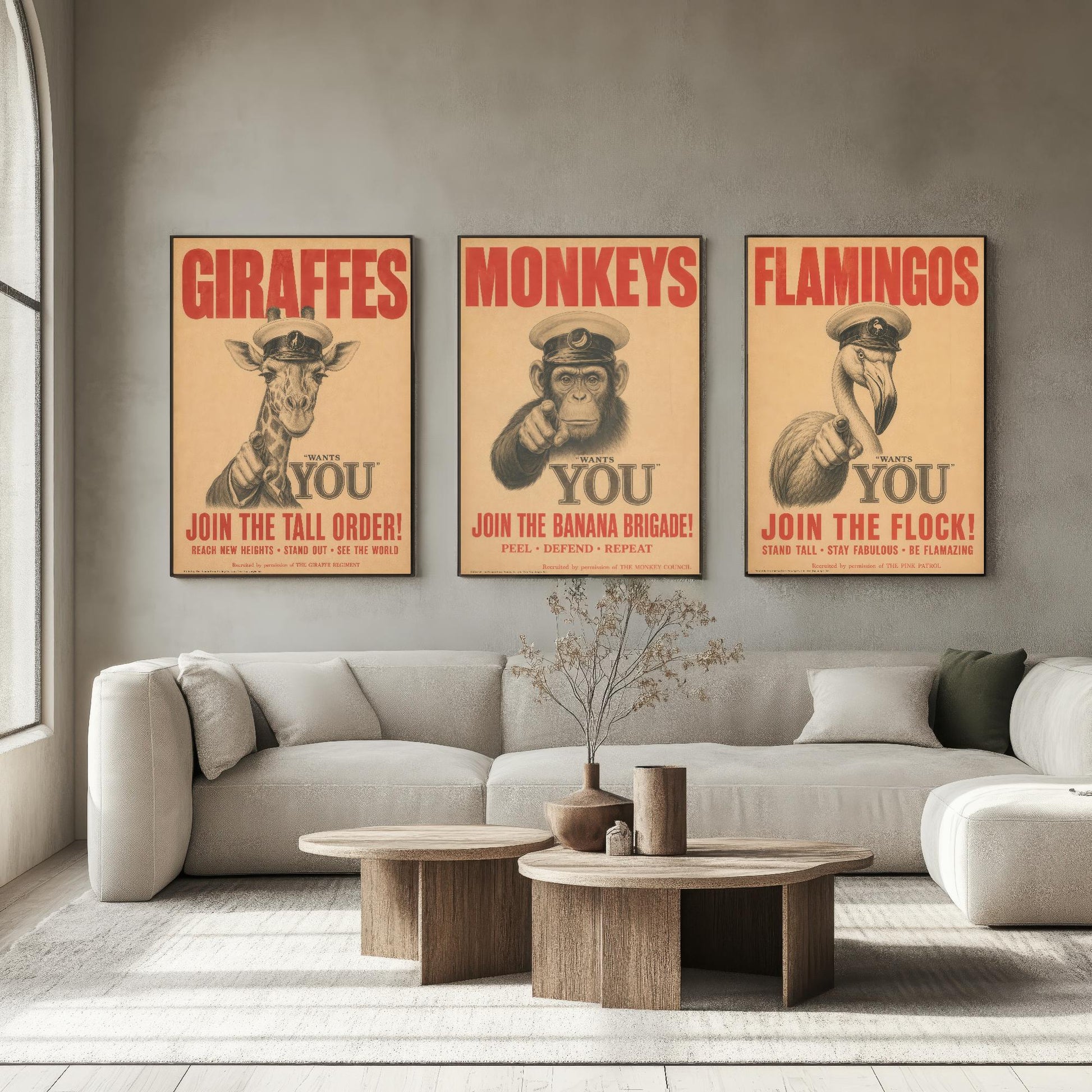 Funny Animal Recruitment Set of Three Prints | Giraffe Monkey Flamingo Wants You | Vintage Propaganda Style Wall Art Poster
