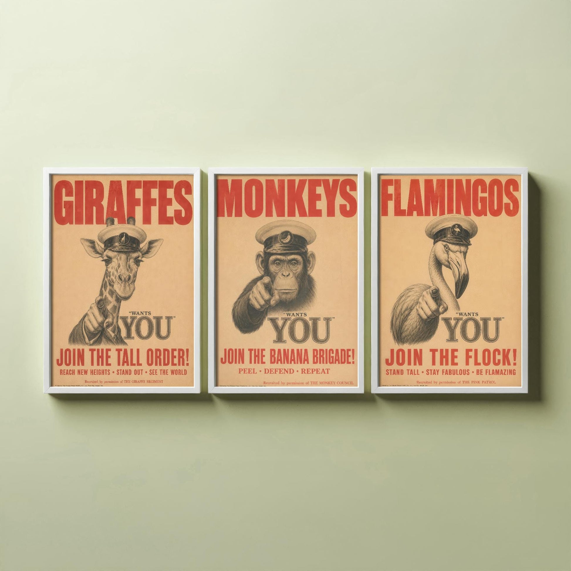 Funny Animal Recruitment Set of Three Prints | Giraffe Monkey Flamingo Wants You | Vintage Propaganda Style Wall Art Poster