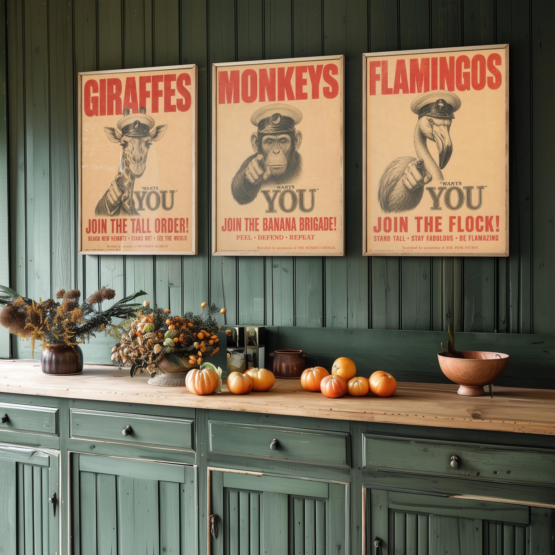 Funny Animal Recruitment Set of Three Prints | Giraffe Monkey Flamingo Wants You | Vintage Propaganda Style Wall Art Poster