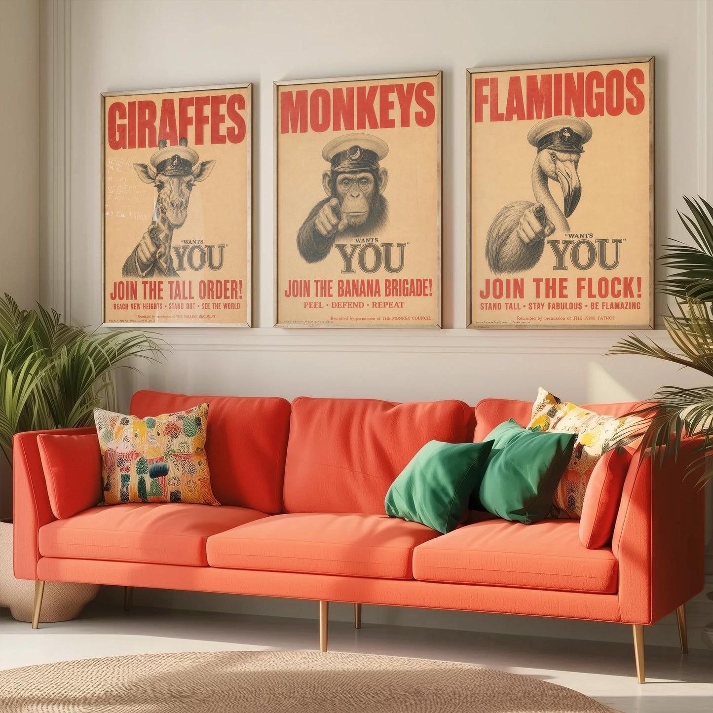 Funny Animal Recruitment Set of Three Prints | Giraffe Monkey Flamingo Wants You | Vintage Propaganda Style Wall Art Poster