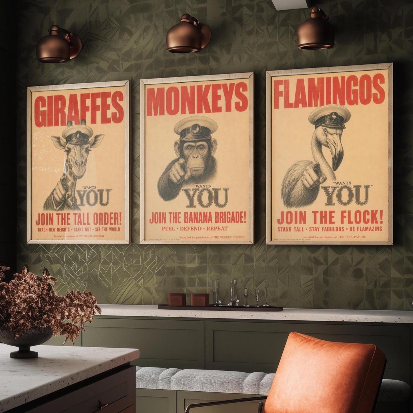 Funny Animal Recruitment Set of Three Prints | Giraffe Monkey Flamingo Wants You | Vintage Propaganda Style Wall Art Poster