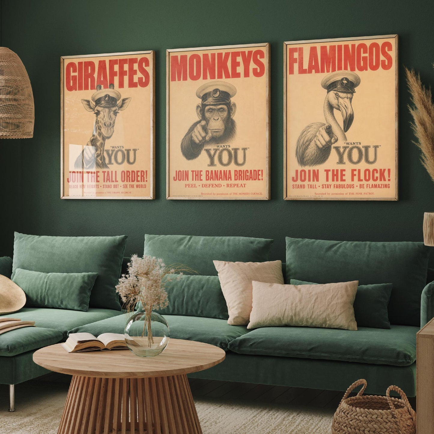 Funny Animal Recruitment Set of Three Prints | Giraffe Monkey Flamingo Wants You | Vintage Propaganda Style Wall Art Poster