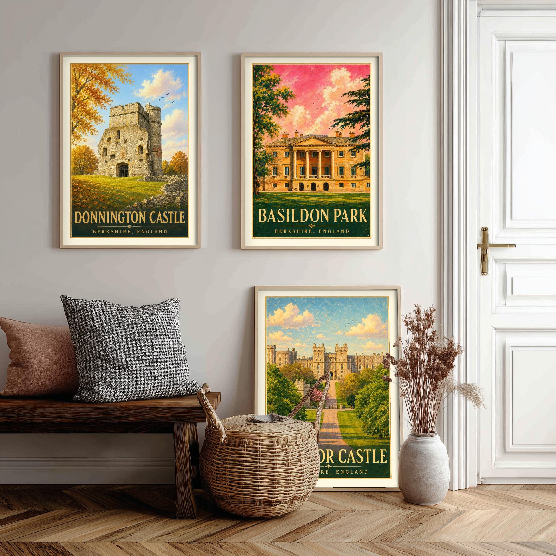 Berkshire England Set of Three Prints | Donnington Castle Basildon Park Windsor Castle | Vintage Travel Poster Wall Art