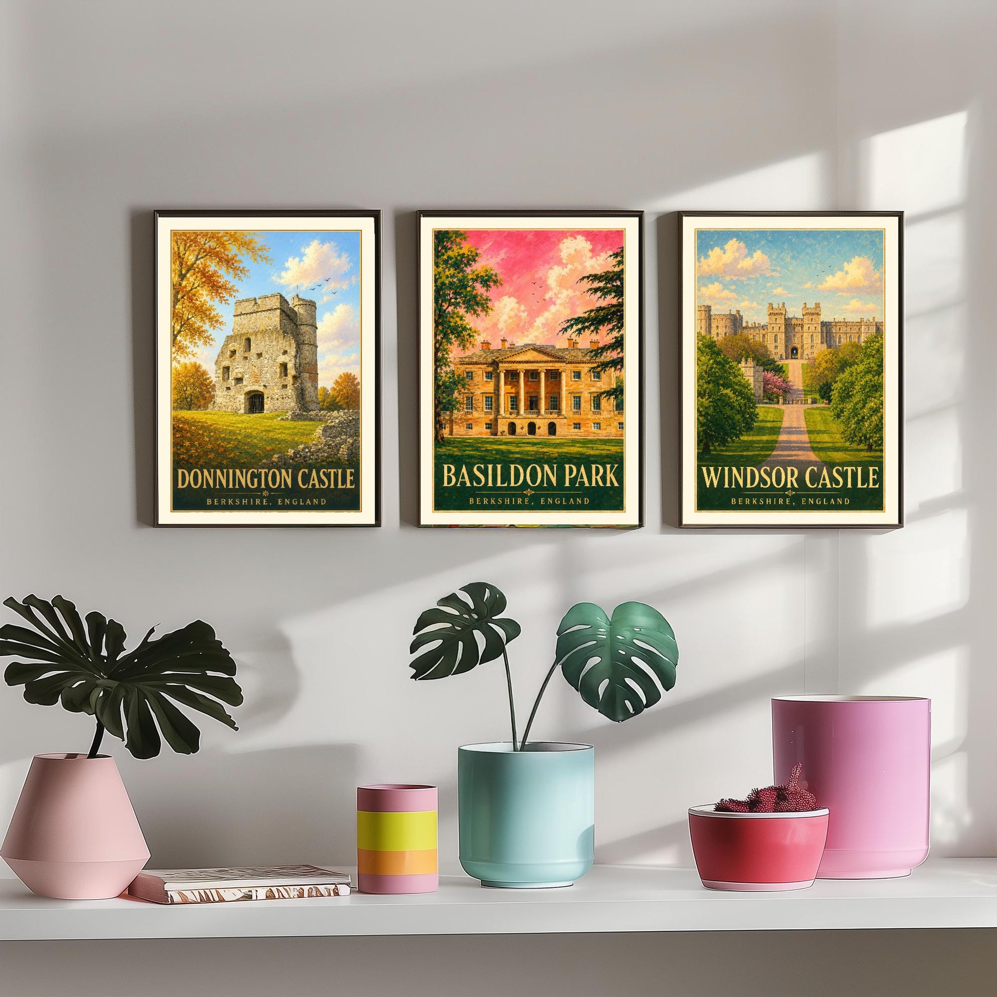 Berkshire England Set of Three Prints | Donnington Castle Basildon Park Windsor Castle | Vintage Travel Poster Wall Art
