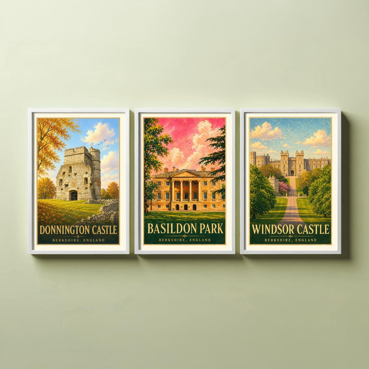 Berkshire England Set of Three Prints | Donnington Castle Basildon Park Windsor Castle | Vintage Travel Poster Wall Art