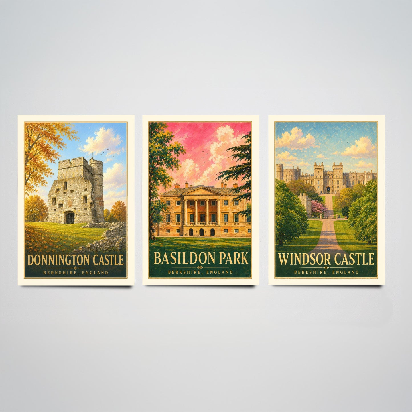 Berkshire England Set of Three Prints | Donnington Castle Basildon Park Windsor Castle | Vintage Travel Poster Wall Art