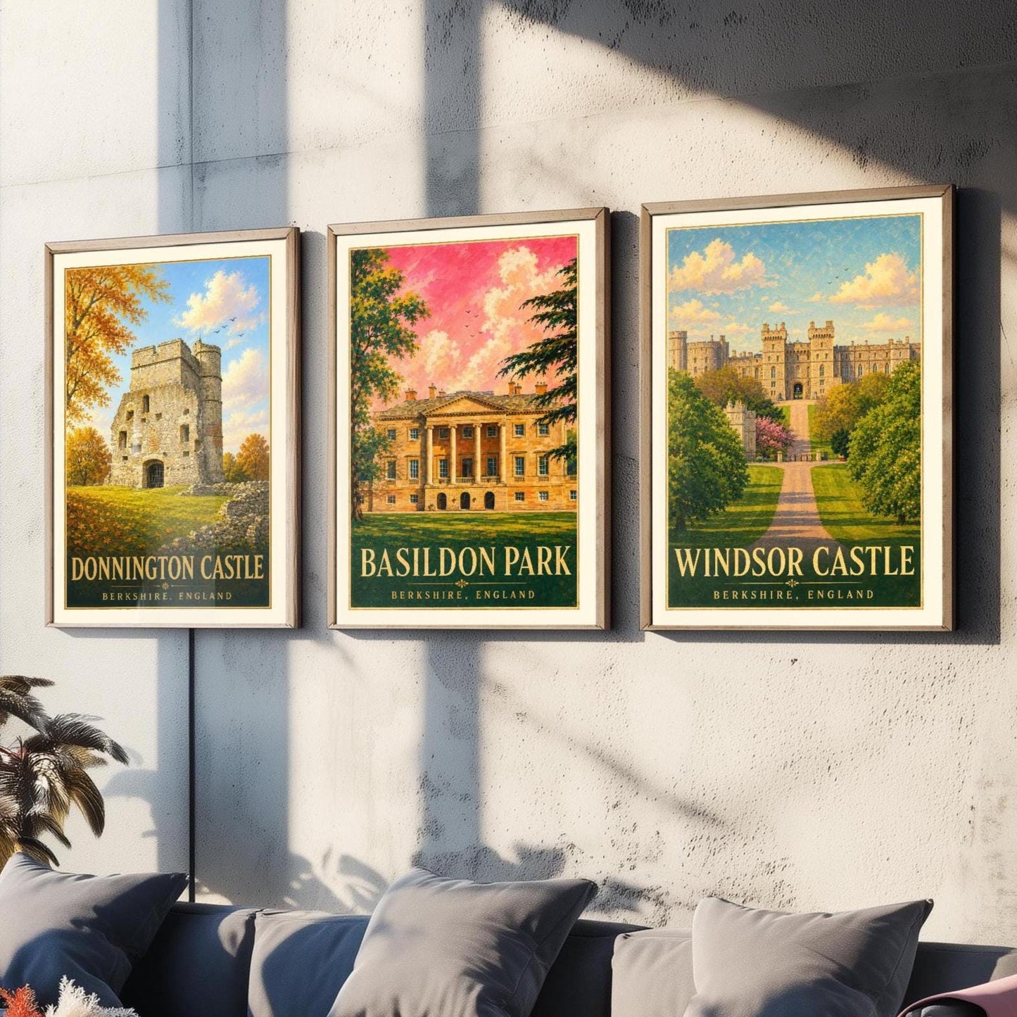 Berkshire England Set of Three Prints | Donnington Castle Basildon Park Windsor Castle | Vintage Travel Poster Wall Art