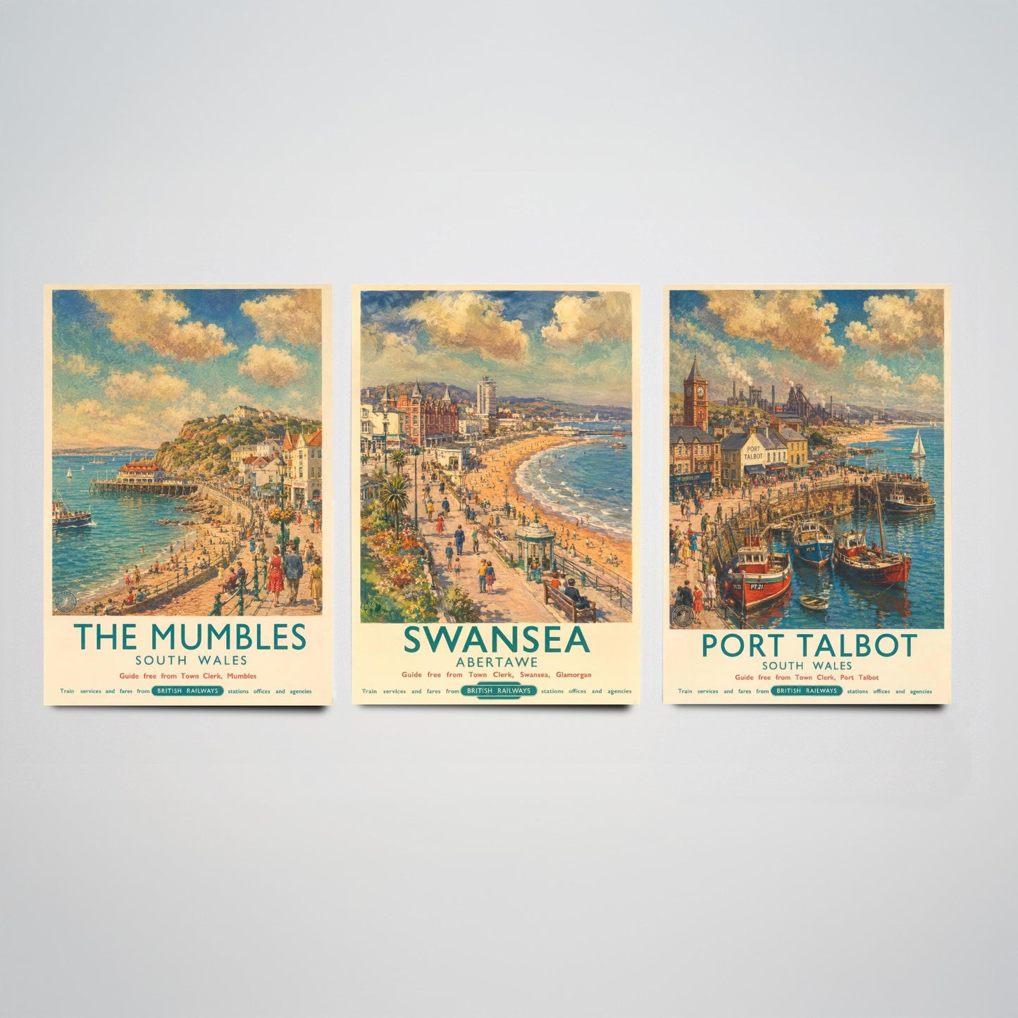 South Wales Set of Three Prints | The Mumbles Swansea Port Talbot | Vintage British Railways Travel Poster Wall Art