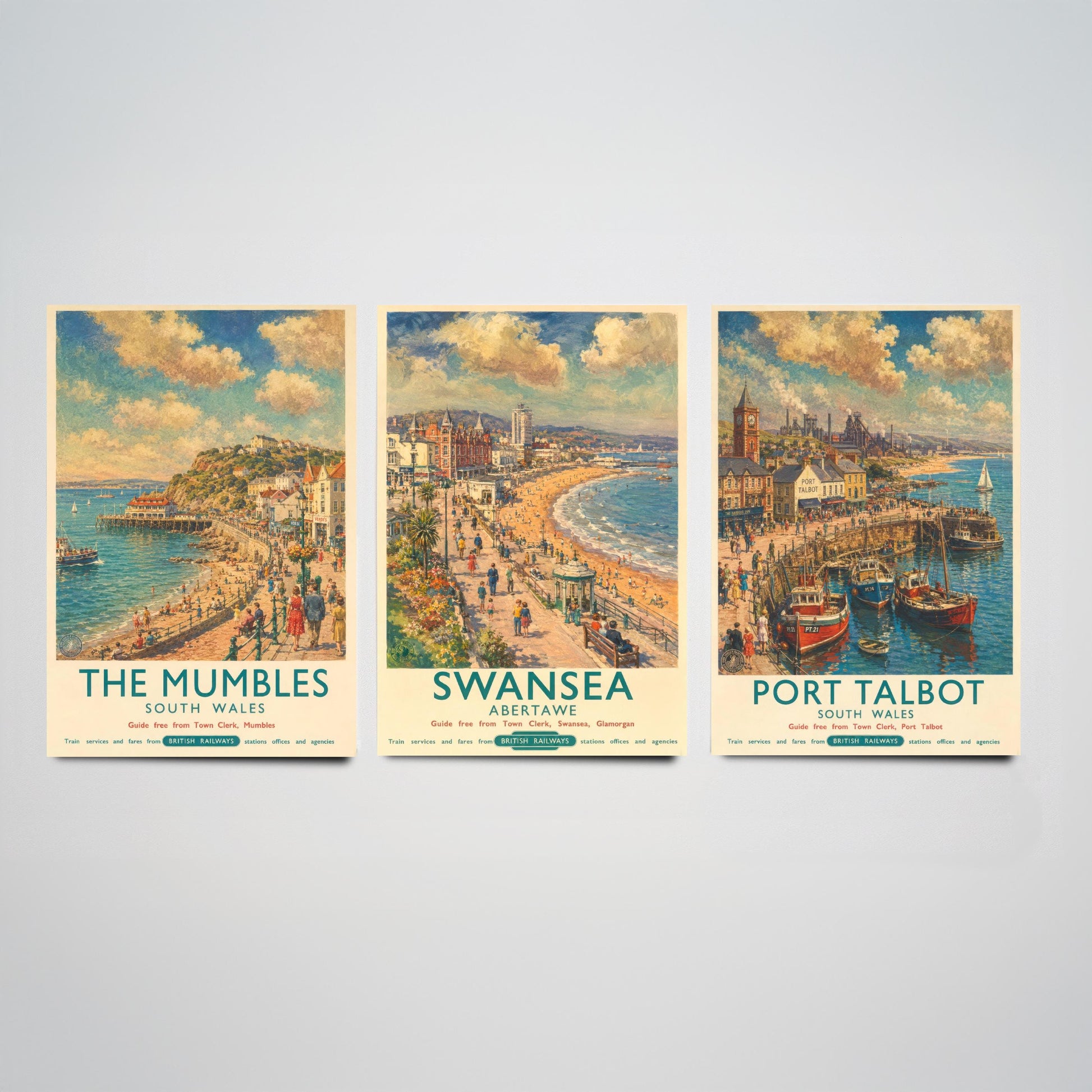 South Wales Set of Three Prints | The Mumbles Swansea Port Talbot | Vintage British Railways Travel Poster Wall Art