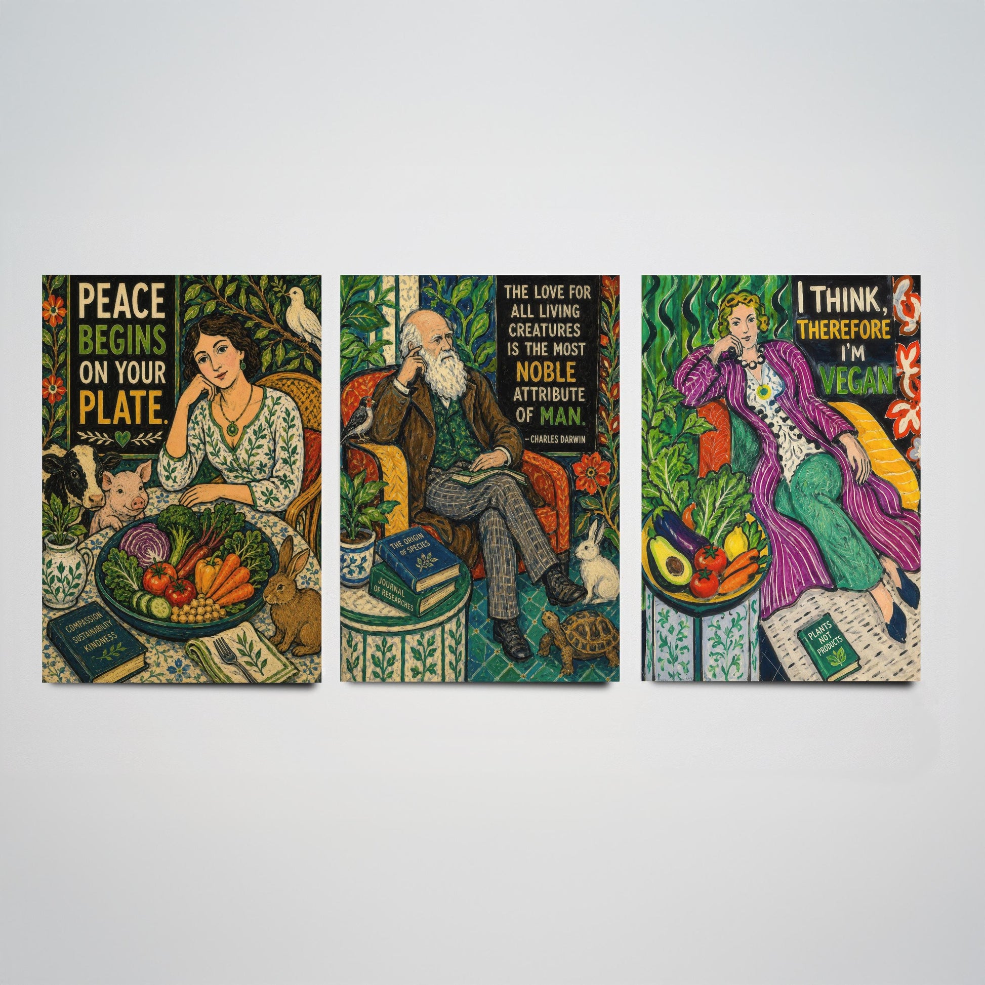 Vegan Quote Set of Three Prints | Peace Begins On Your Plate Darwin I Think Therefore I'm Vegan | Folk Art Wall Art Poster