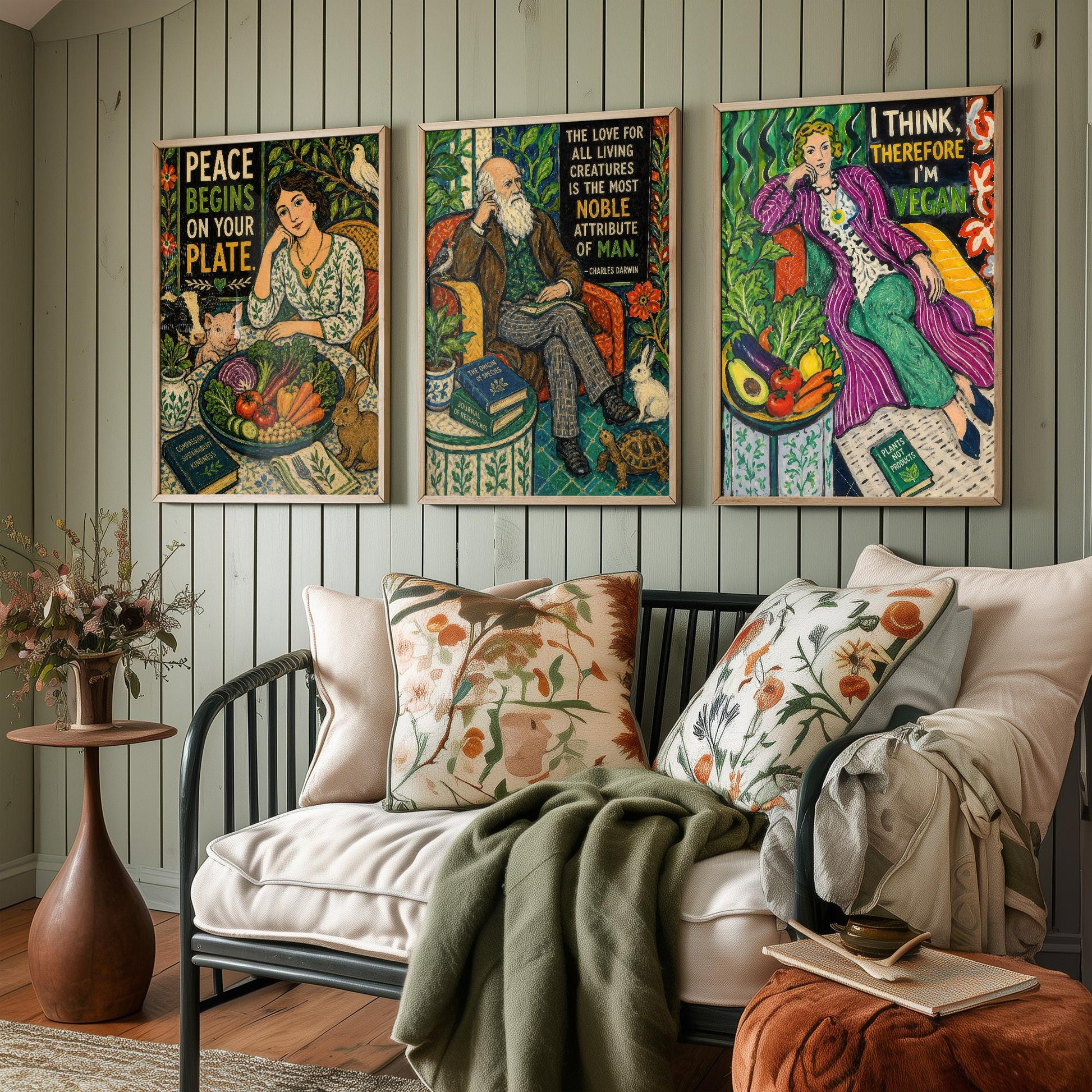 Vegan Quote Set of Three Prints | Peace Begins On Your Plate Darwin I Think Therefore I'm Vegan | Folk Art Wall Art Poster