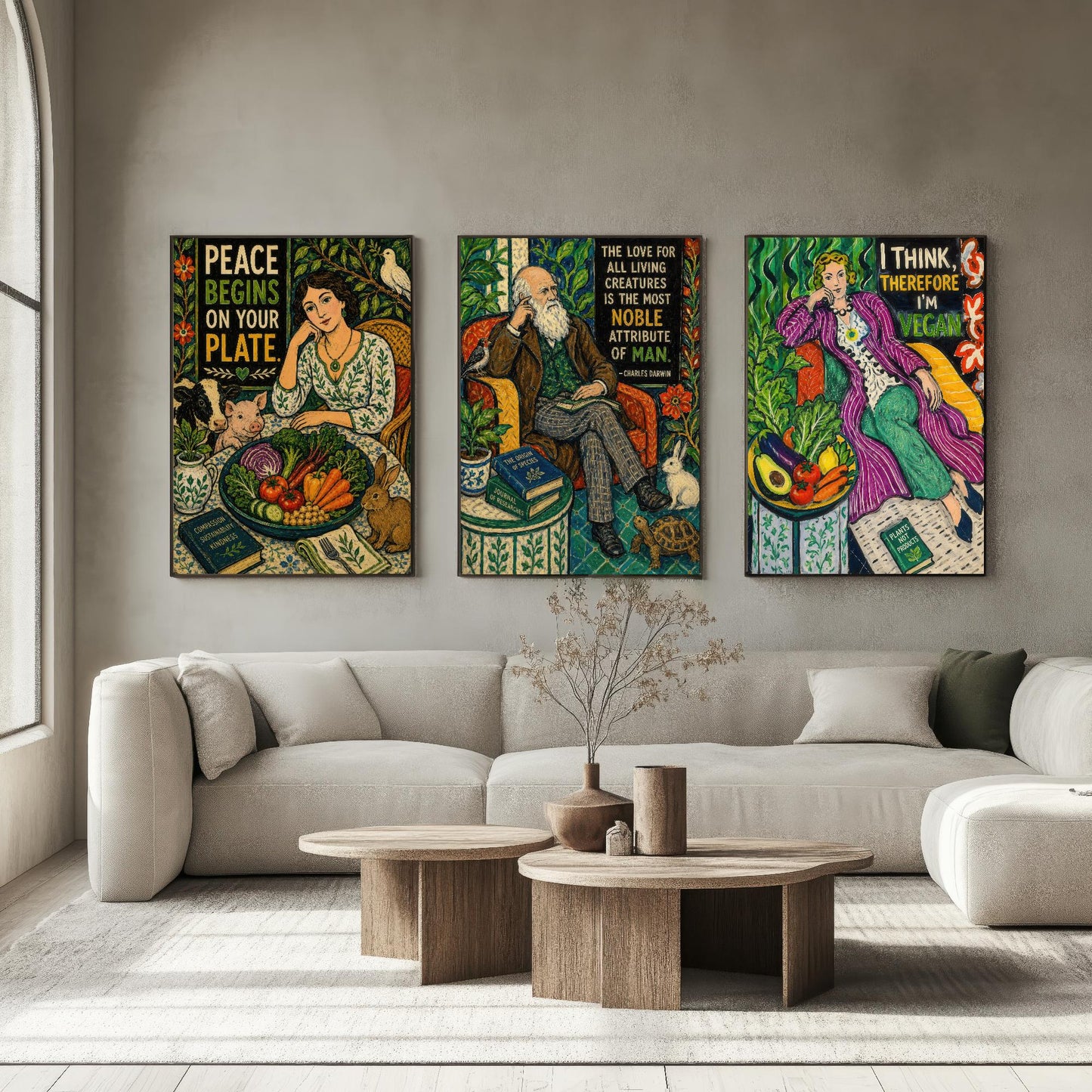 Vegan Quote Set of Three Prints | Peace Begins On Your Plate Darwin I Think Therefore I'm Vegan | Folk Art Wall Art Poster