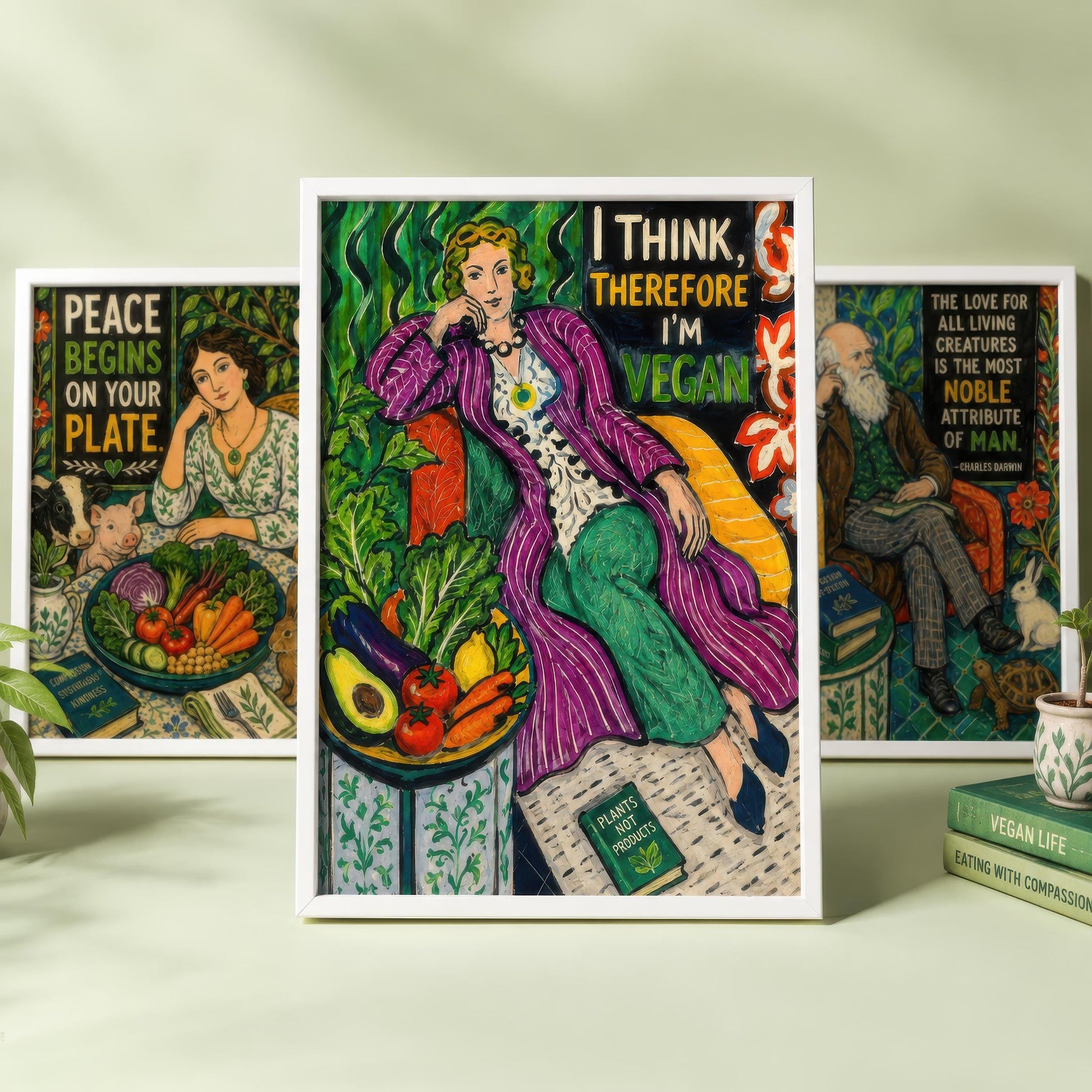 Vegan Quote Set of Three Prints | Peace Begins On Your Plate Darwin I Think Therefore I'm Vegan | Folk Art Wall Art Poster