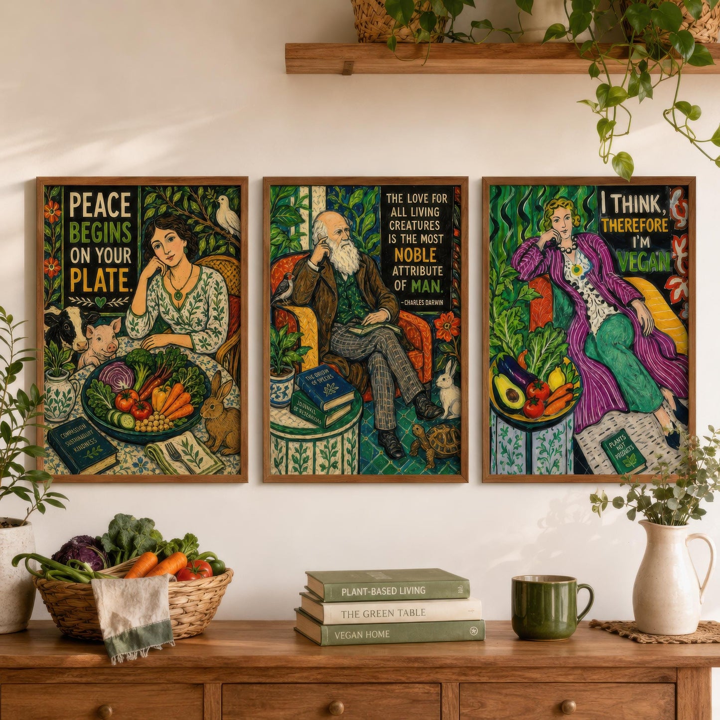 Vegan Quote Set of Three Prints | Peace Begins On Your Plate Darwin I Think Therefore I'm Vegan | Folk Art Wall Art Poster