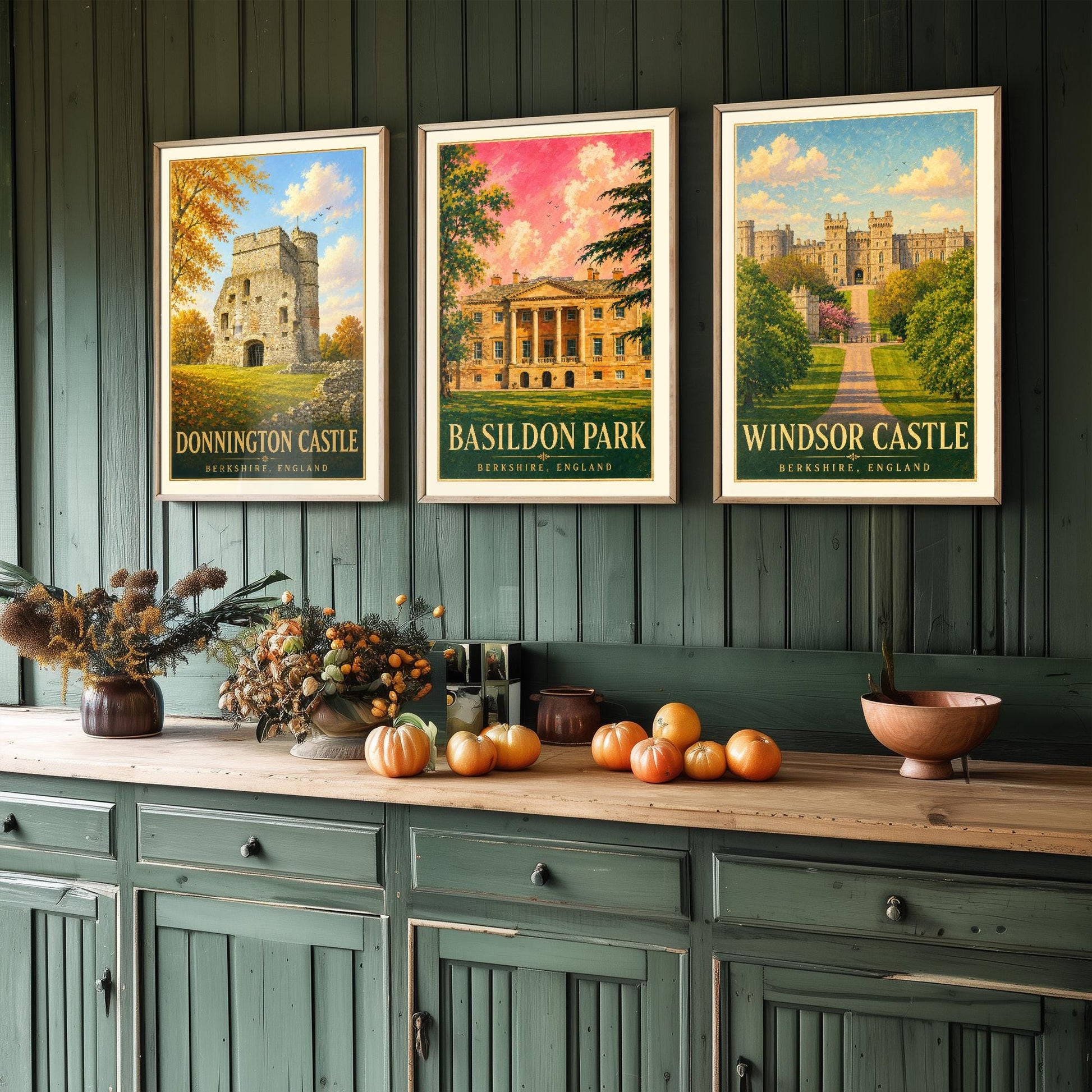 Berkshire England Set of Three Prints | Donnington Castle Basildon Park Windsor Castle | Vintage Travel Poster Wall Art