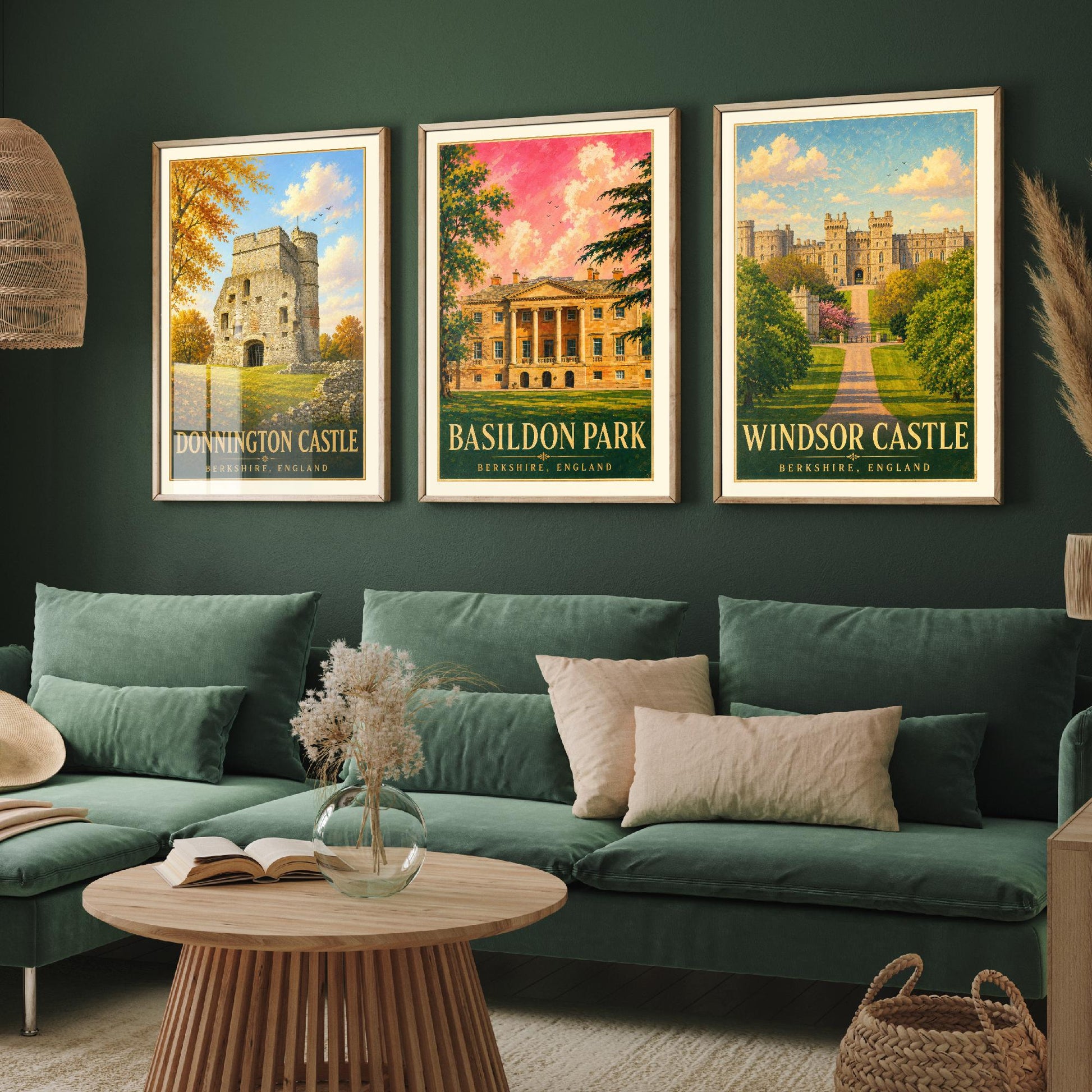 Berkshire England Set of Three Prints | Donnington Castle Basildon Park Windsor Castle | Vintage Travel Poster Wall Art