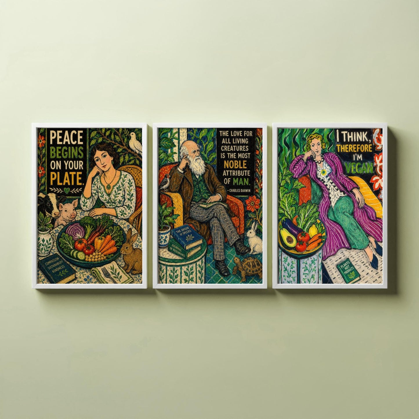 Vegan Quote Set of Three Prints | Peace Begins On Your Plate Darwin I Think Therefore I'm Vegan | Folk Art Wall Art Poster