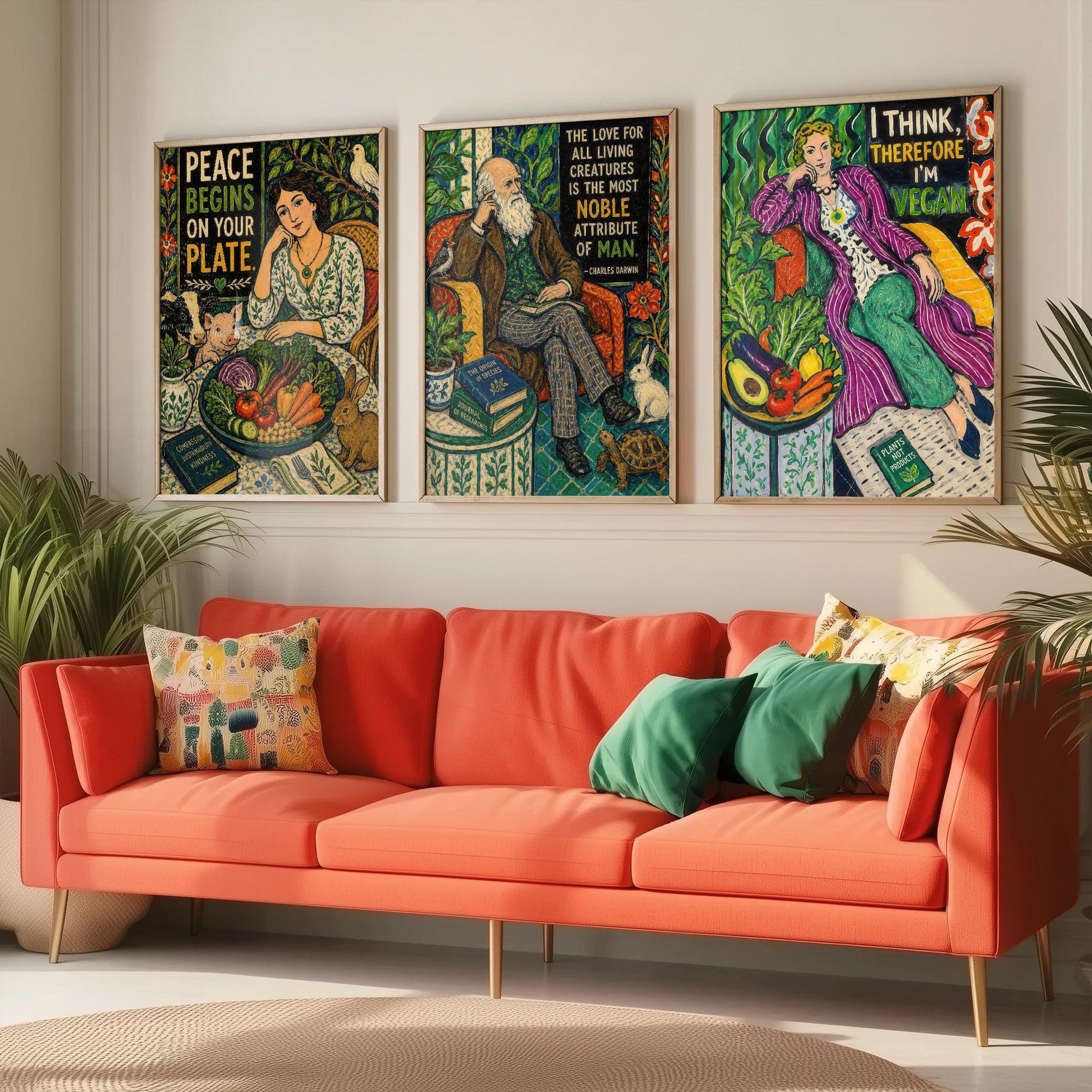 Vegan Quote Set of Three Prints | Peace Begins On Your Plate Darwin I Think Therefore I'm Vegan | Folk Art Wall Art Poster