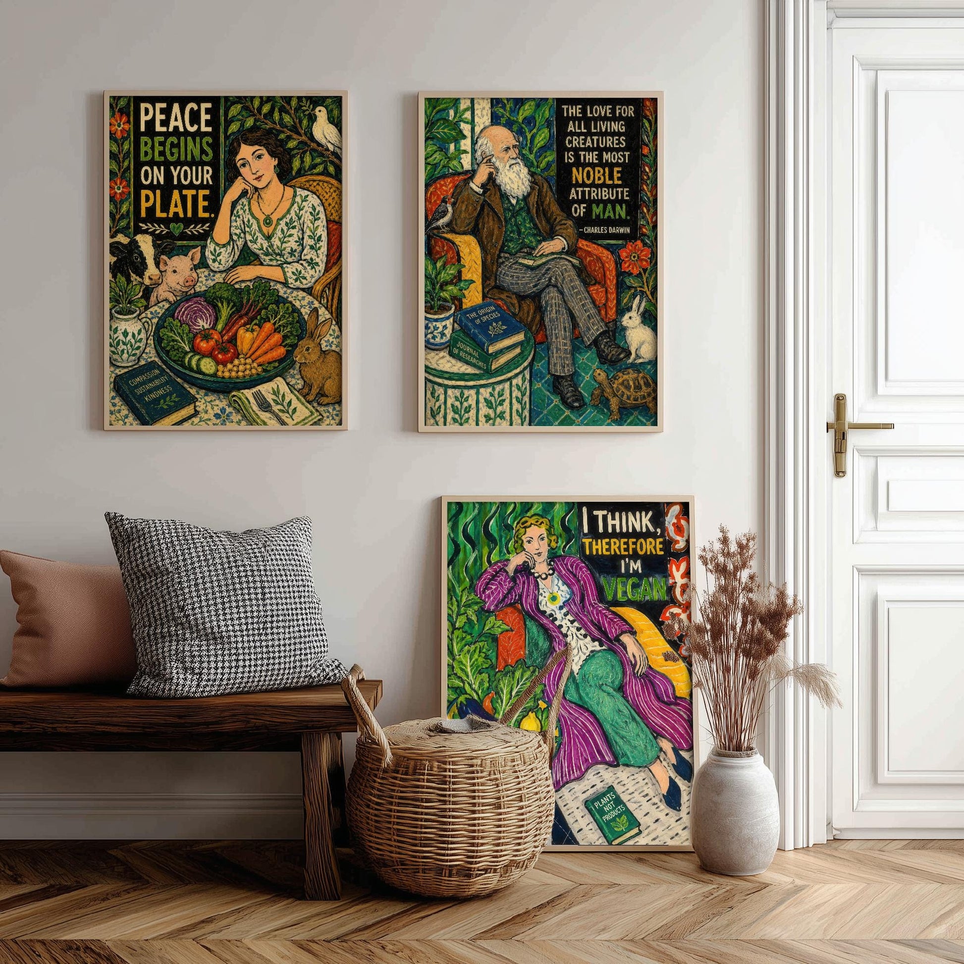 Vegan Quote Set of Three Prints | Peace Begins On Your Plate Darwin I Think Therefore I'm Vegan | Folk Art Wall Art Poster