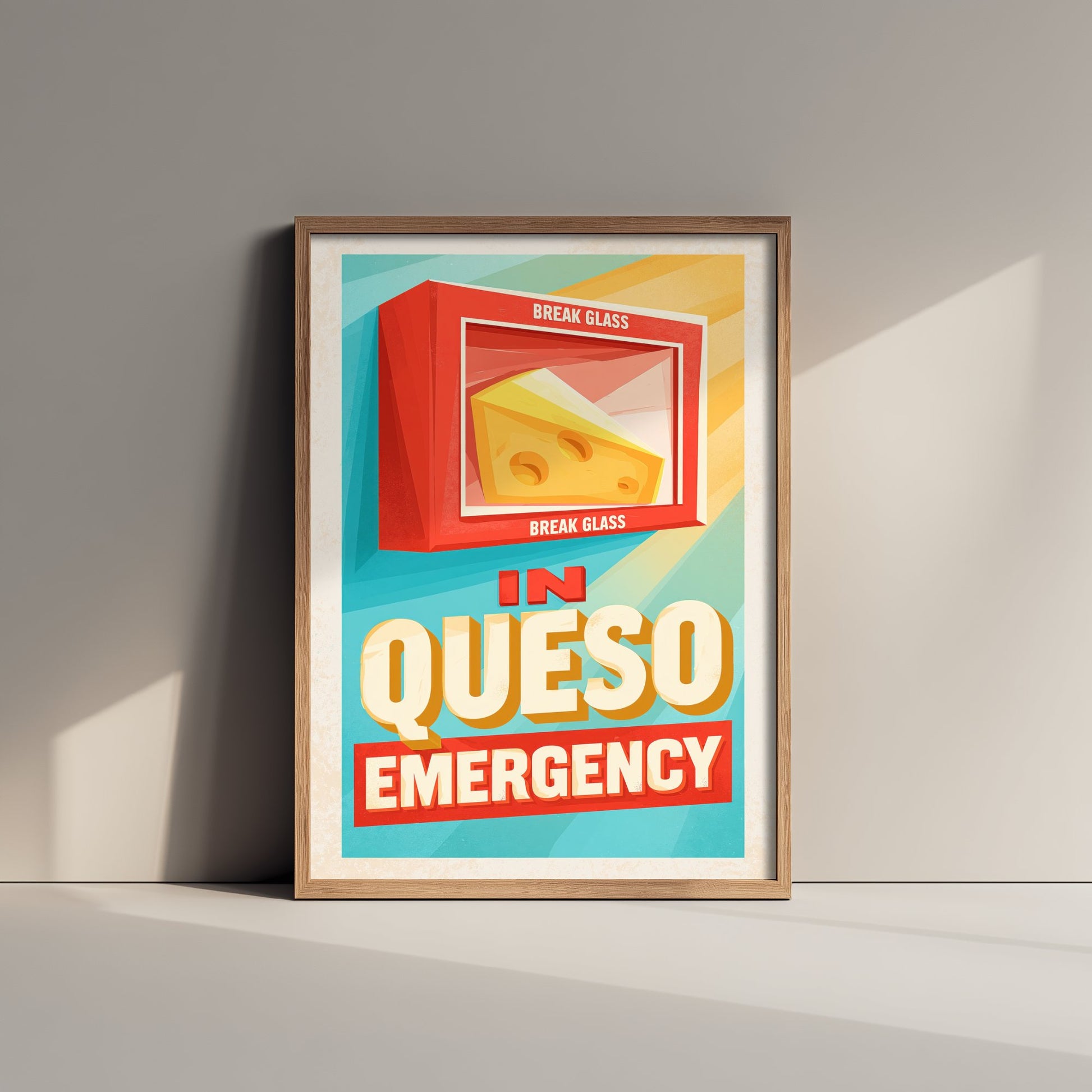 In Queso Emergency Art Print - Funny Break Glass Cheese Poster - Retro Kitchen Pun Illustration