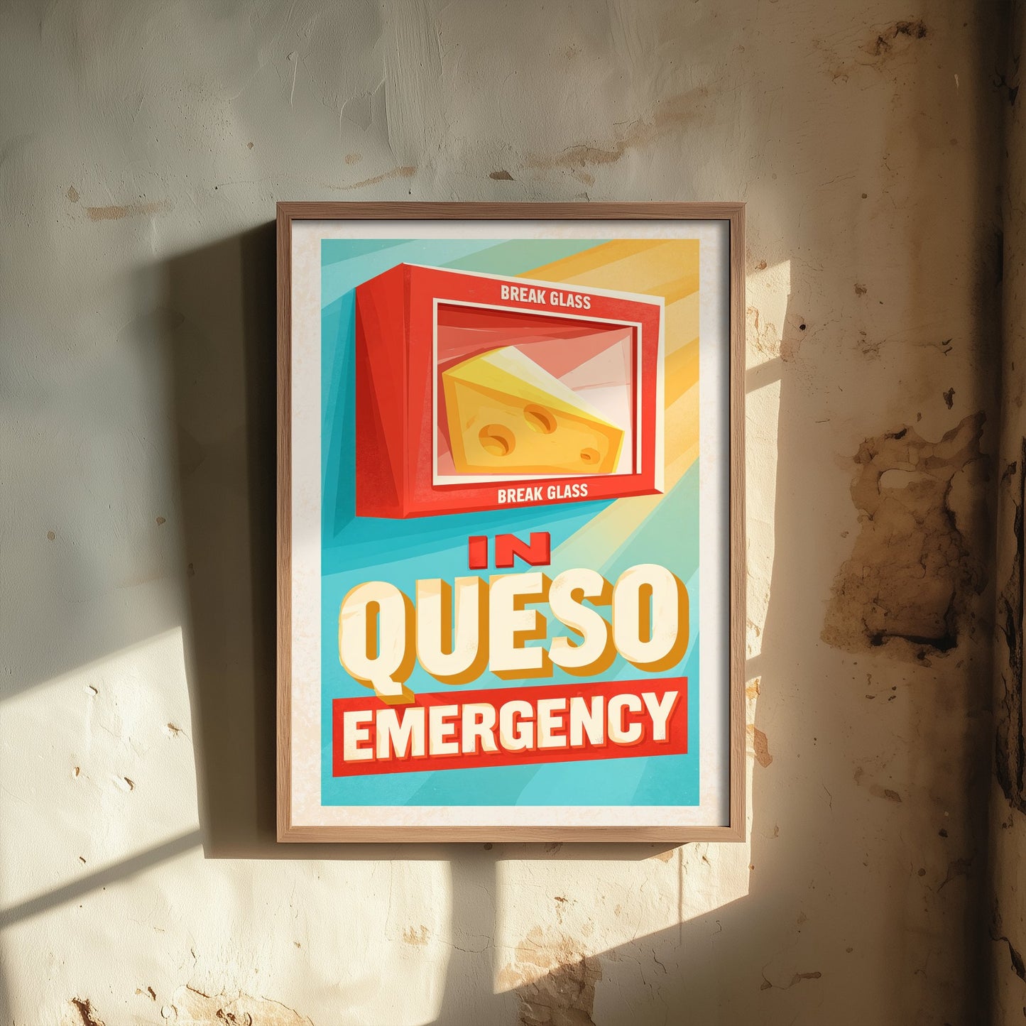 In Queso Emergency Art Print - Funny Break Glass Cheese Poster - Retro Kitchen Pun Illustration