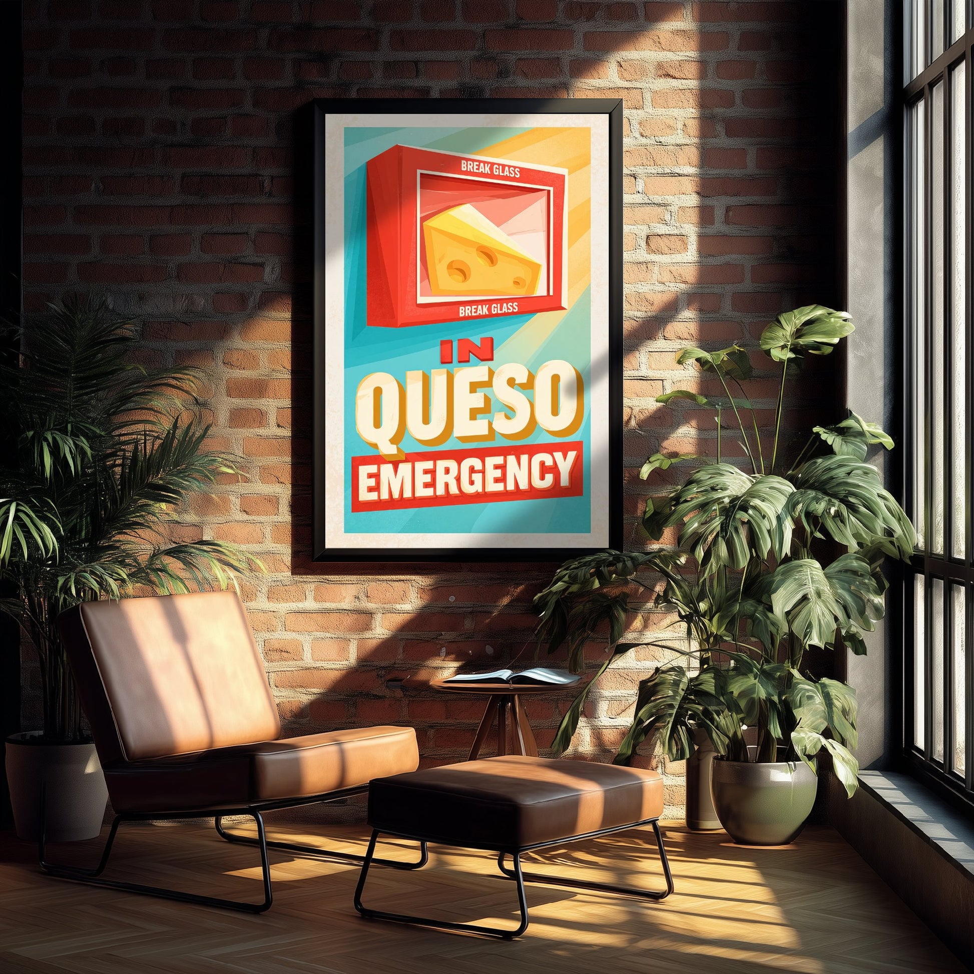 In Queso Emergency Art Print - Funny Break Glass Cheese Poster - Retro Kitchen Pun Illustration