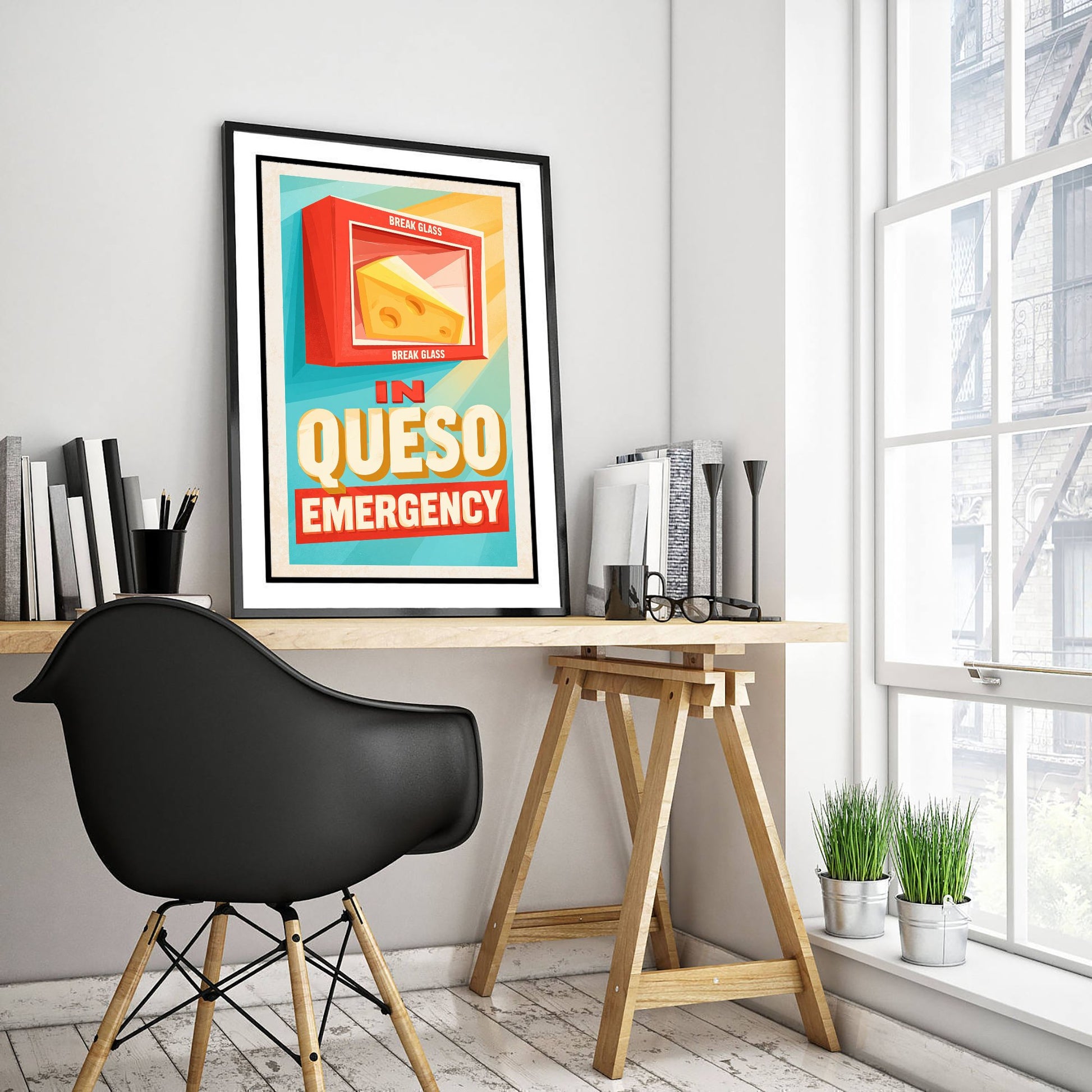 In Queso Emergency Art Print - Funny Break Glass Cheese Poster - Retro Kitchen Pun Illustration