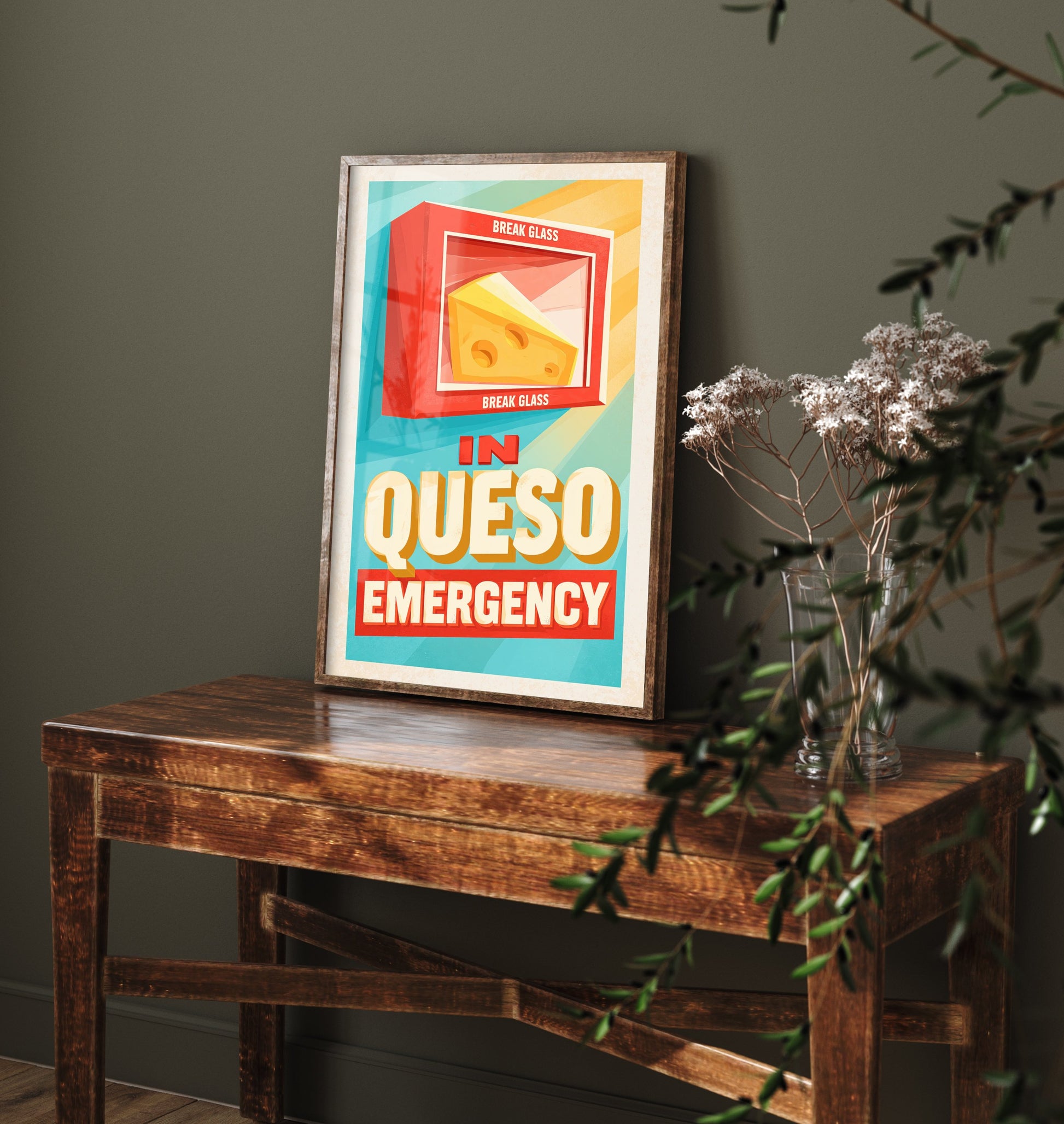 In Queso Emergency Art Print - Funny Break Glass Cheese Poster - Retro Kitchen Pun Illustration