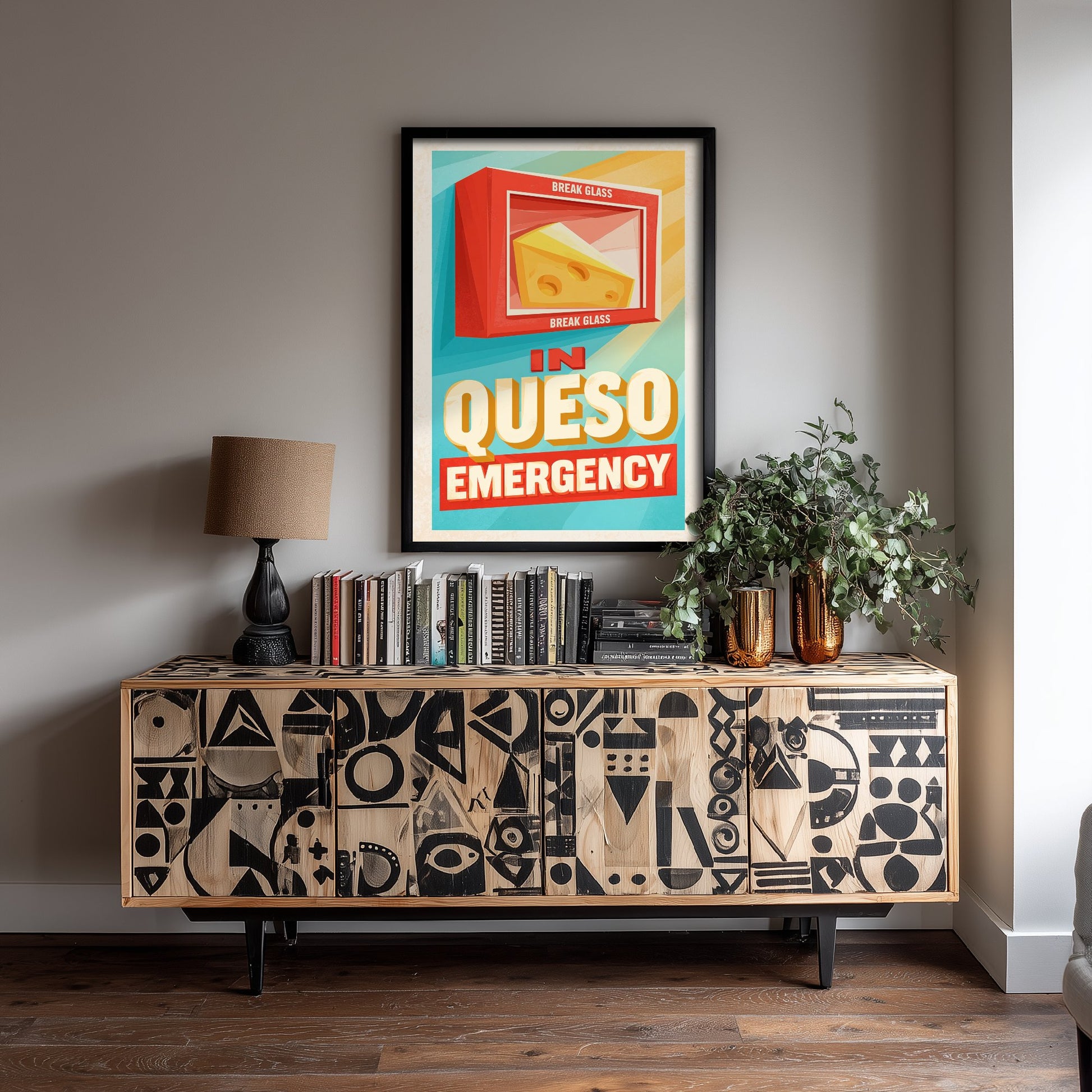 In Queso Emergency Art Print - Funny Break Glass Cheese Poster - Retro Kitchen Pun Illustration