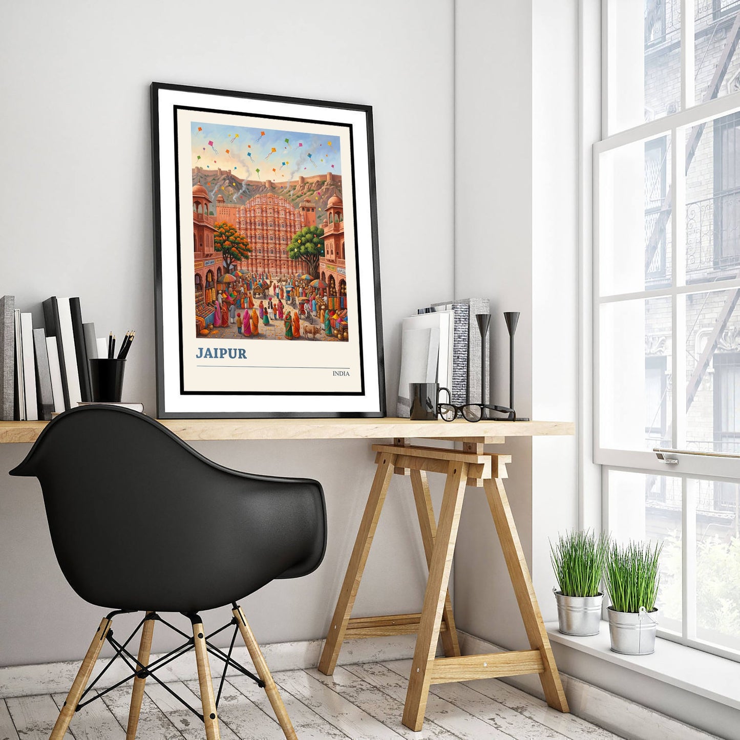 Jaipur India Art Print - Hawa Mahal Folk Art Illustration - Pink City Kite Festival Market - India Travel Poster 1/3