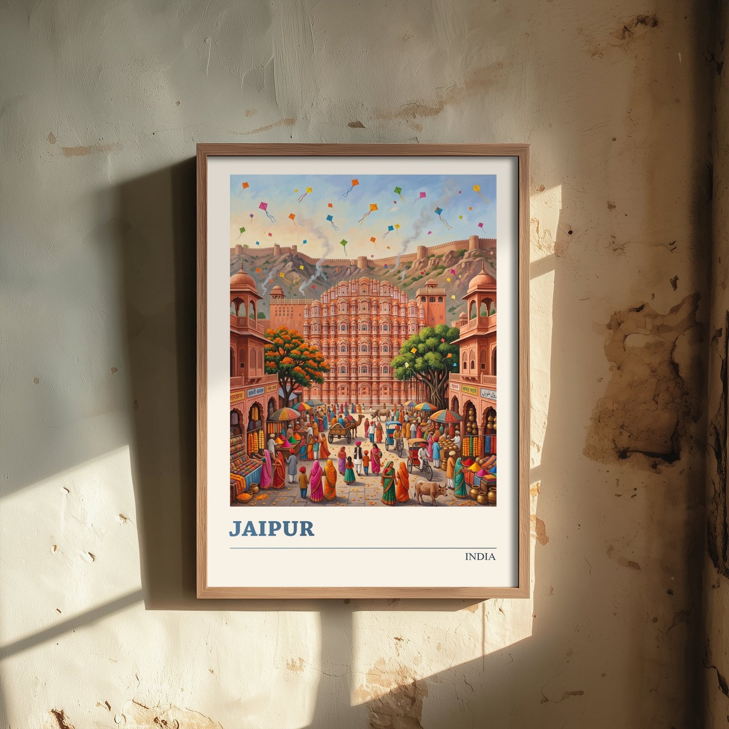 Jaipur India Art Print - Hawa Mahal Folk Art Illustration - Pink City Kite Festival Market - India Travel Poster 1/3