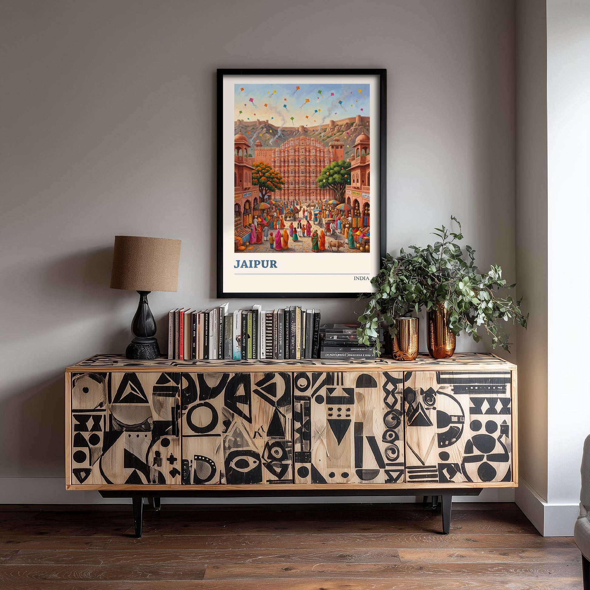 Jaipur India Art Print - Hawa Mahal Folk Art Illustration - Pink City Kite Festival Market - India Travel Poster 1/3