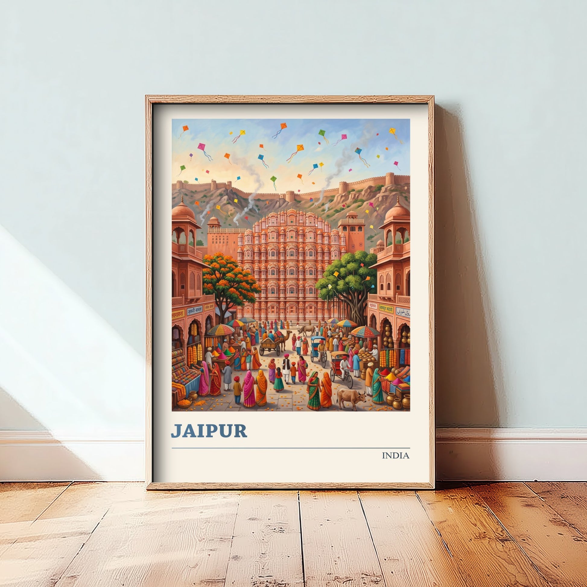 Jaipur India Art Print - Hawa Mahal Folk Art Illustration - Pink City Kite Festival Market - India Travel Poster 1/3