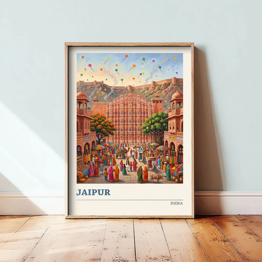 Jaipur India Art Print - Hawa Mahal Folk Art Illustration - Pink City Kite Festival Market - India Travel Poster 1/3