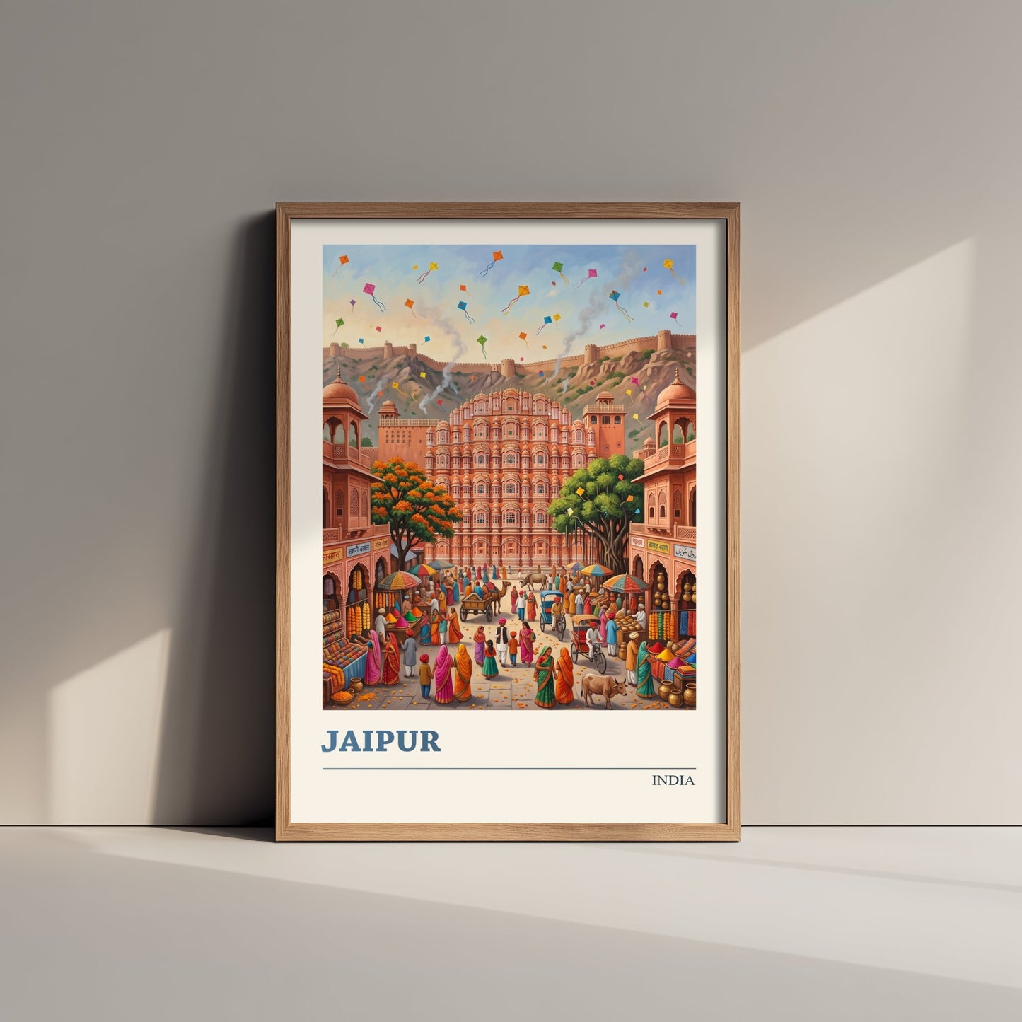 Jaipur India Art Print - Hawa Mahal Folk Art Illustration - Pink City Kite Festival Market - India Travel Poster 1/3