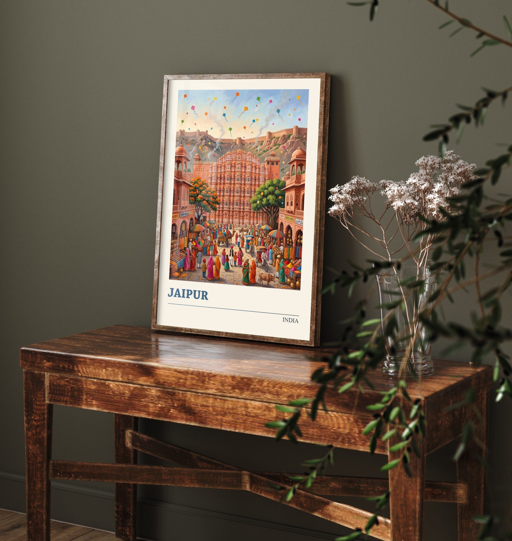 Jaipur India Art Print - Hawa Mahal Folk Art Illustration - Pink City Kite Festival Market - India Travel Poster 1/3