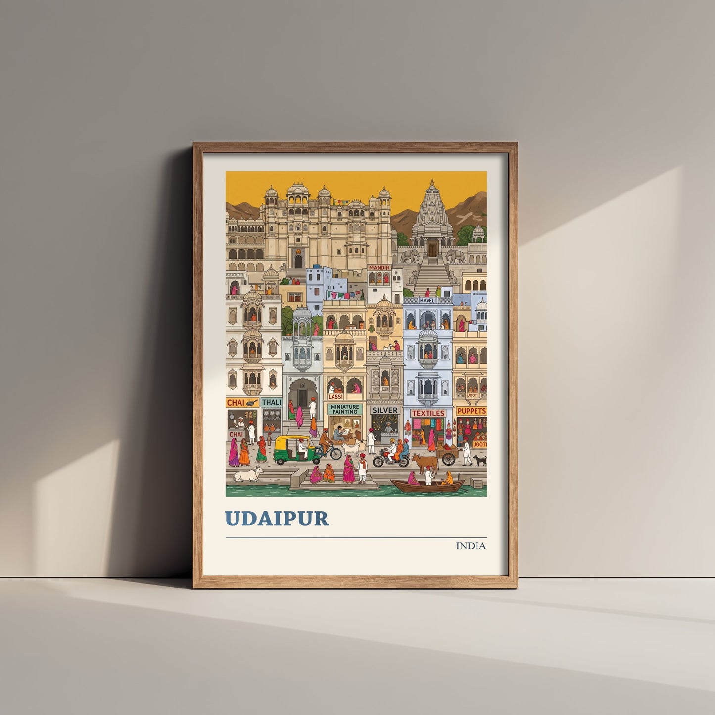 Udaipur India Art Print - City Palace and Ghats Folk Art Illustration - White City Lakeside - India Travel Poster 2/3