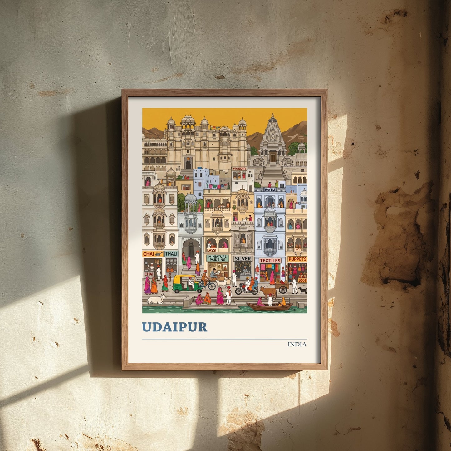 Udaipur India Art Print - City Palace and Ghats Folk Art Illustration - White City Lakeside - India Travel Poster 2/3