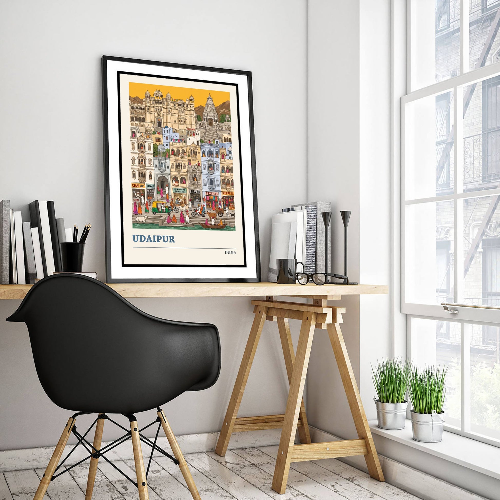 Udaipur India Art Print - City Palace and Ghats Folk Art Illustration - White City Lakeside - India Travel Poster 2/3