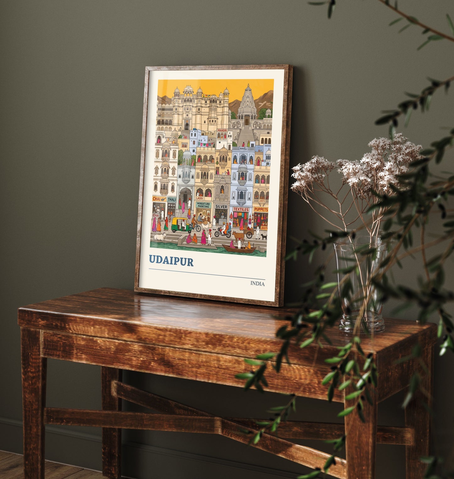 Udaipur India Art Print - City Palace and Ghats Folk Art Illustration - White City Lakeside - India Travel Poster 2/3