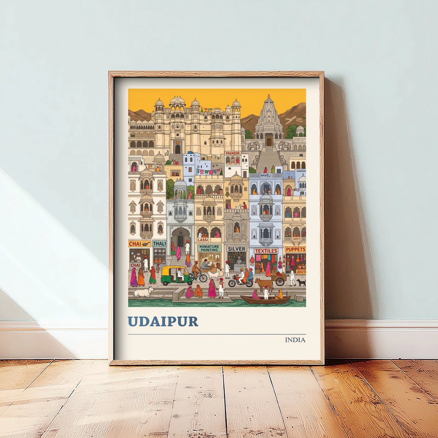 Udaipur India Art Print - City Palace and Ghats Folk Art Illustration - White City Lakeside - India Travel Poster 2/3