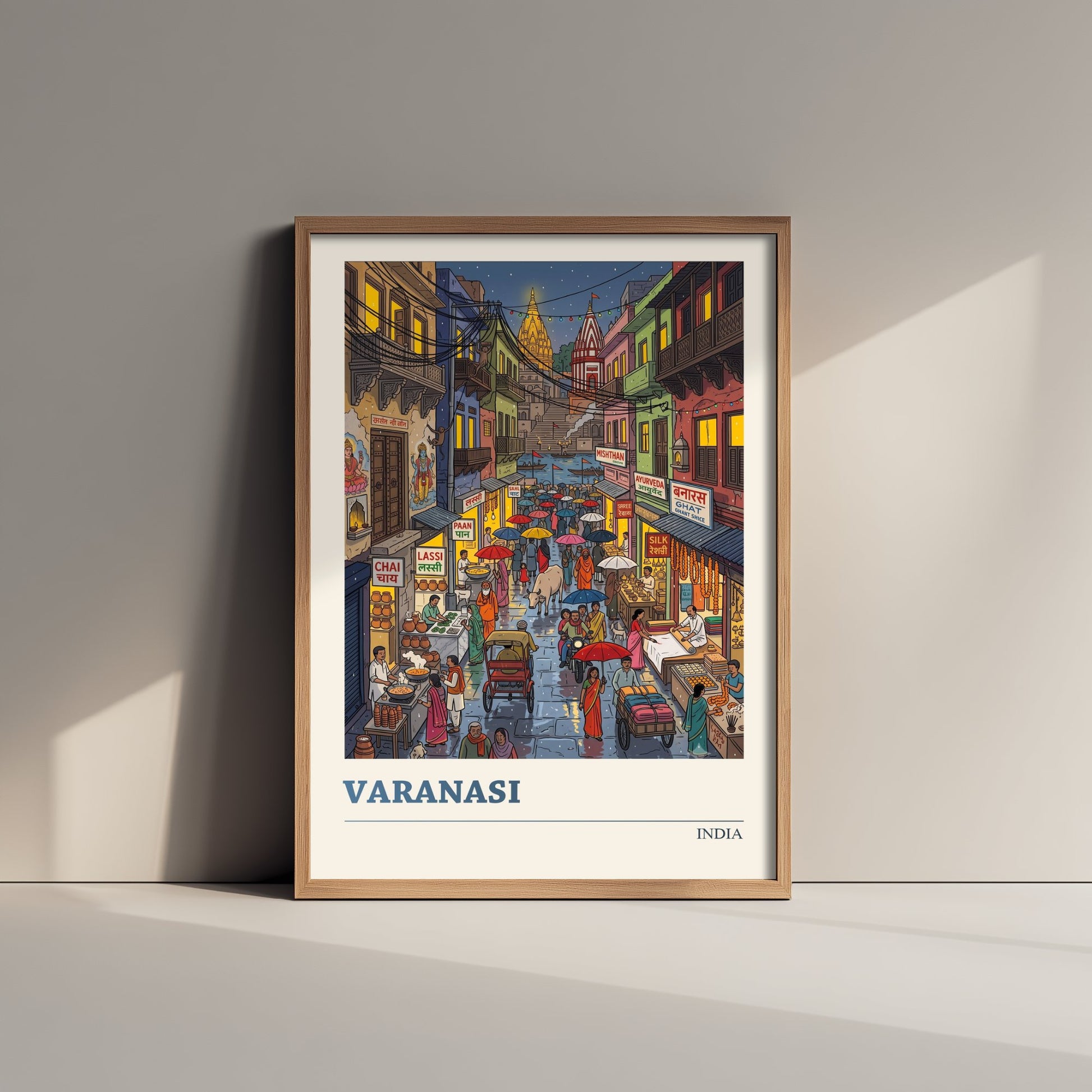 Varanasi India Art Print - Monsoon Lane to the Ganges Folk Art Illustration - Old City Night Market - India Travel Poster 3/3