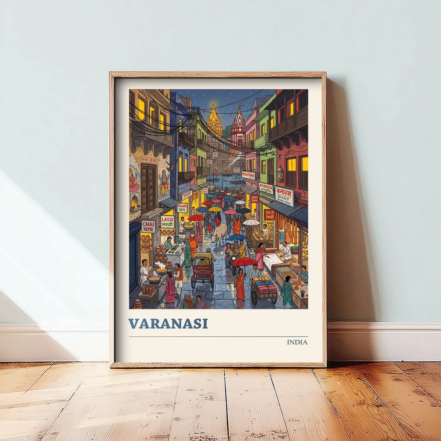 Varanasi India Art Print - Monsoon Lane to the Ganges Folk Art Illustration - Old City Night Market - India Travel Poster 3/3
