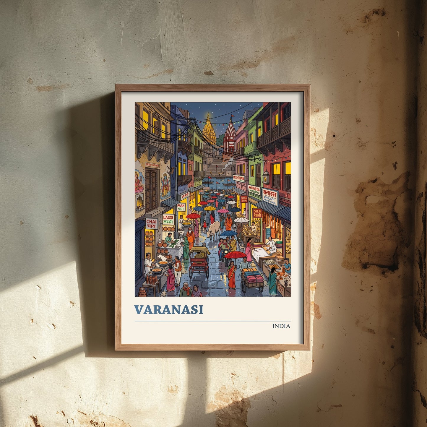 Varanasi India Art Print - Monsoon Lane to the Ganges Folk Art Illustration - Old City Night Market - India Travel Poster 3/3