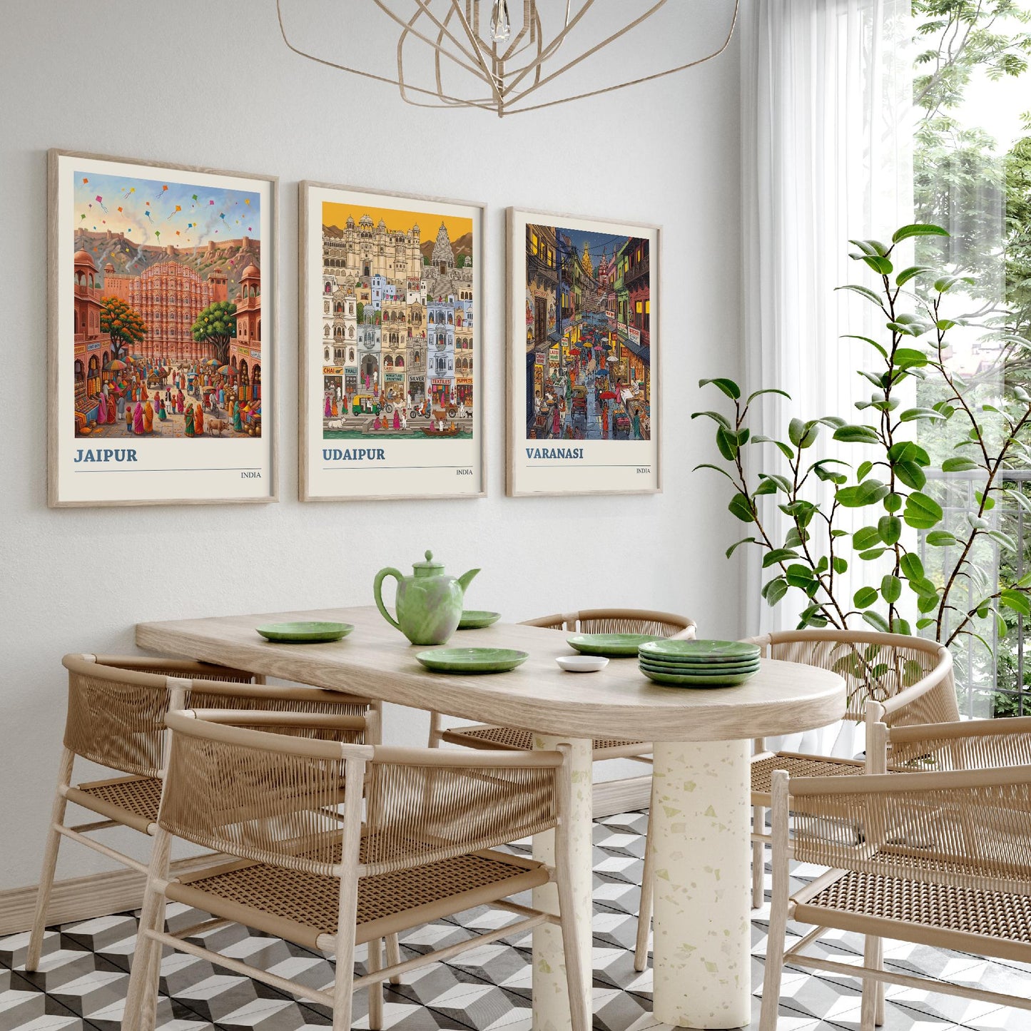 India Set of Three Art Prints - Jaipur, Udaipur, Varanasi - 3 Colourful Folk Illustration Travel Posters - Indian City Painting