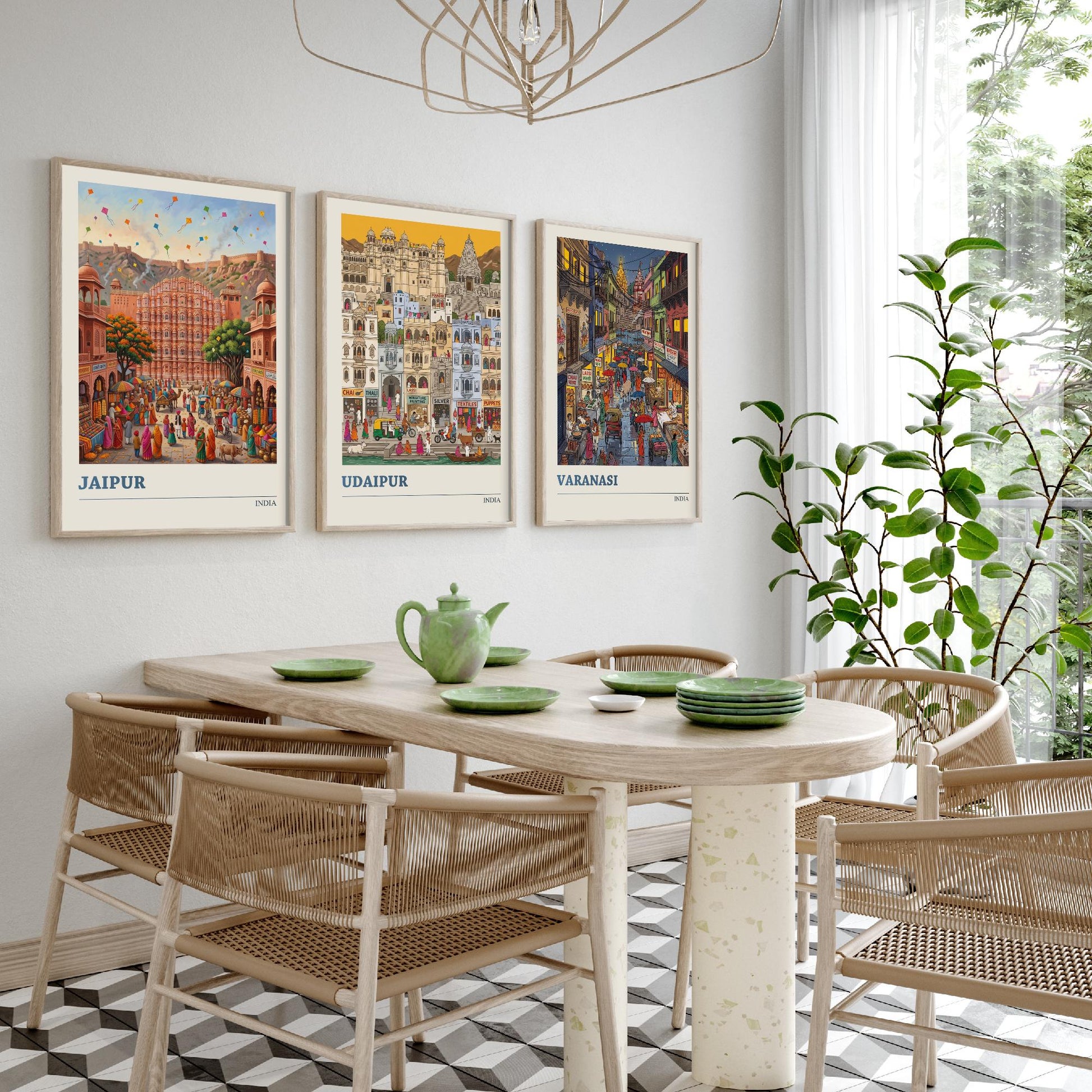India Set of Three Art Prints - Jaipur, Udaipur, Varanasi - 3 Colourful Folk Illustration Travel Posters - Indian City Painting