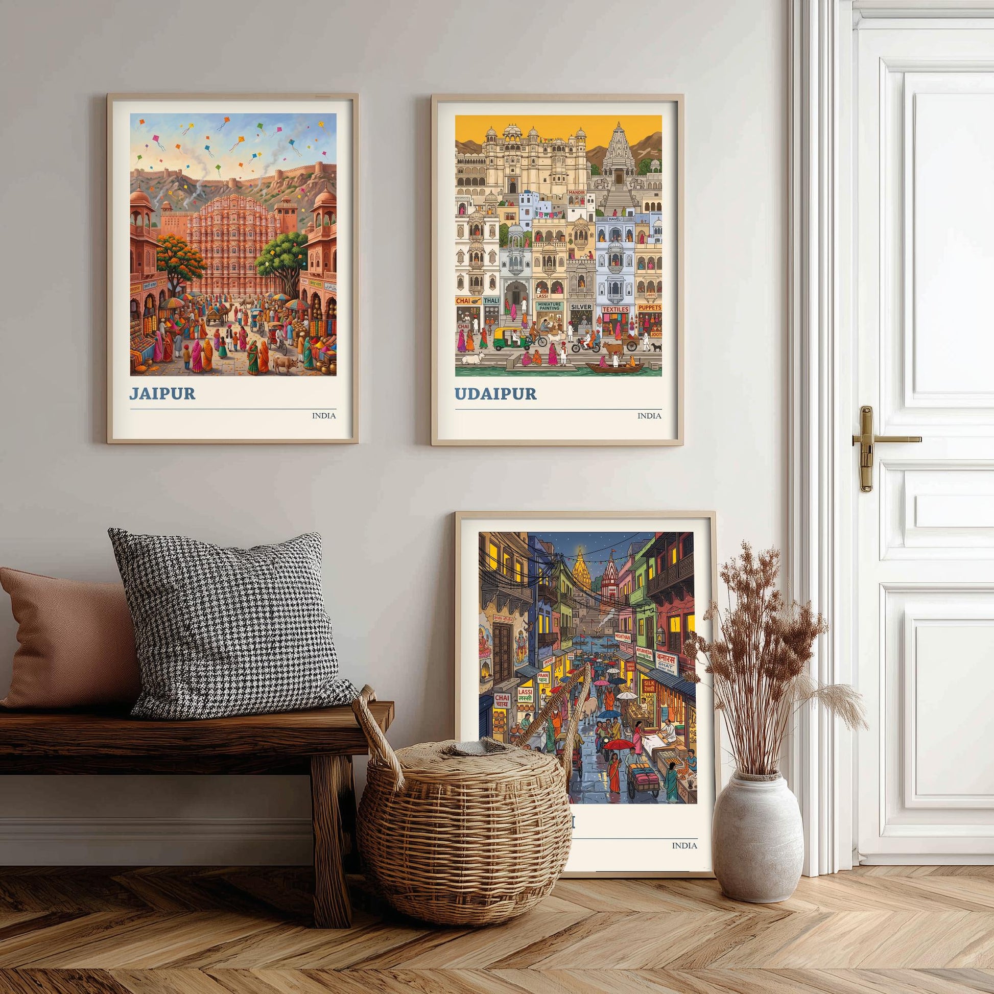 India Set of Three Art Prints - Jaipur, Udaipur, Varanasi - 3 Colourful Folk Illustration Travel Posters - Indian City Painting