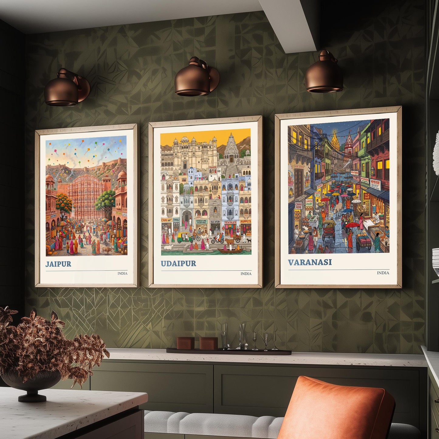India Set of Three Art Prints - Jaipur, Udaipur, Varanasi - 3 Colourful Folk Illustration Travel Posters - Indian City Painting