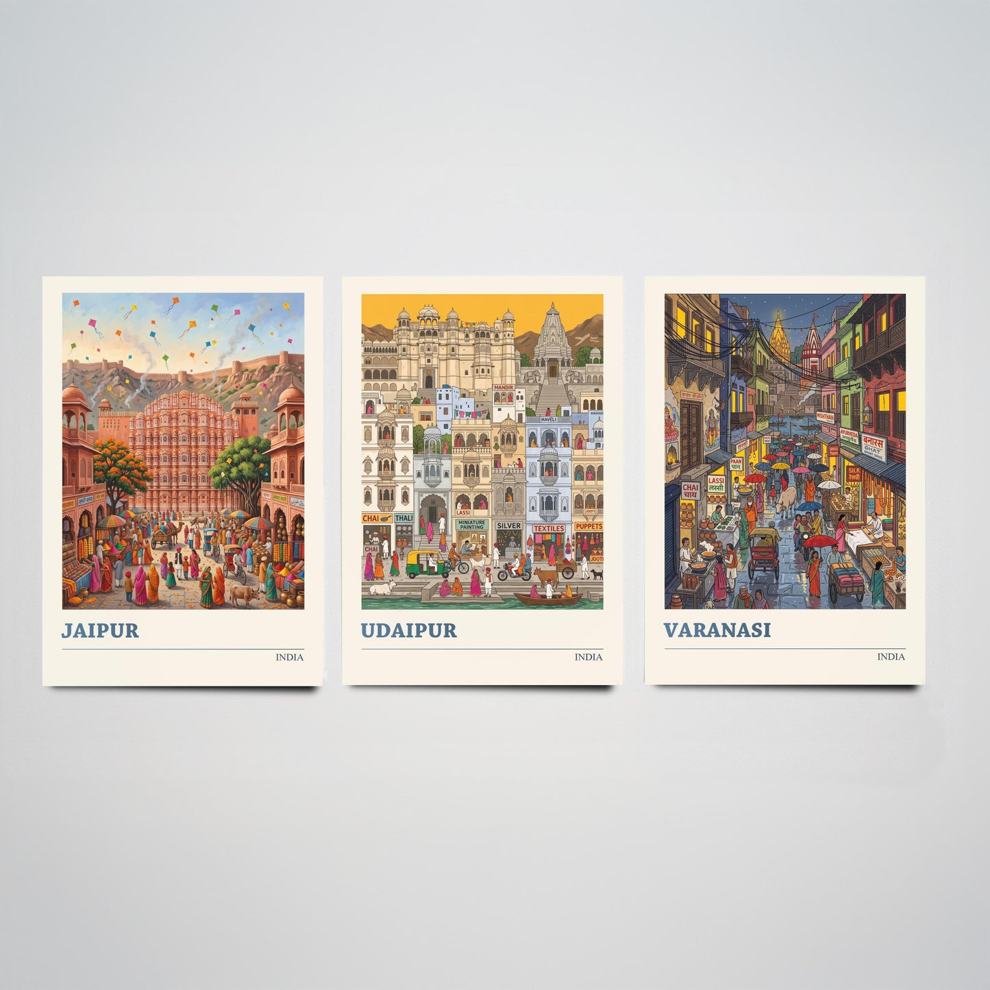 India Set of Three Art Prints - Jaipur, Udaipur, Varanasi - 3 Colourful Folk Illustration Travel Posters - Indian City Painting