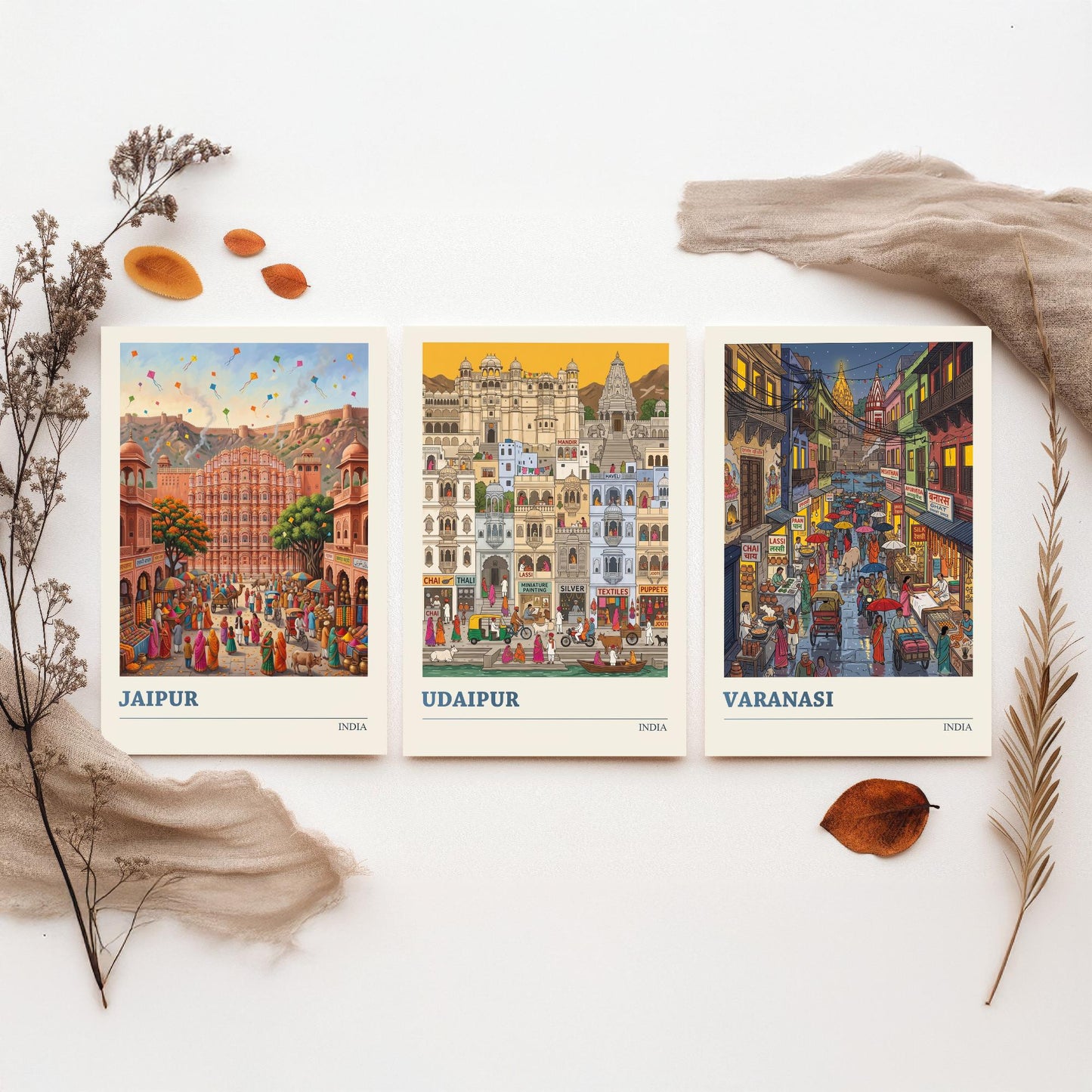India Set of Three Art Prints - Jaipur, Udaipur, Varanasi - 3 Colourful Folk Illustration Travel Posters - Indian City Painting